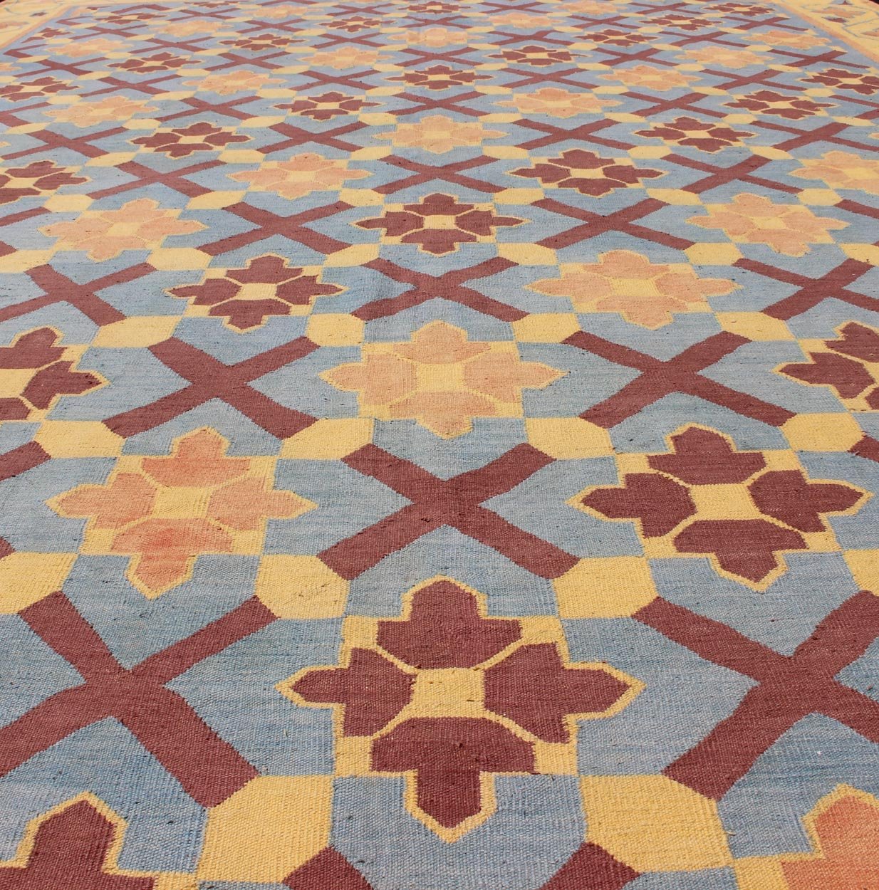 Vintage Flat Weave Cotton Dhurrie With Star Pattern in Blue, Yellow & Brown Red, Keivan Woven Arts. Star pattern flat - woven Dhurrie from India vintage rug, rug 19 - 0603, country of origin / type: India / Dhurrie, circa 1960 This vintage In... - Keivan Woven Arts19 - 0603 - 11473Rug