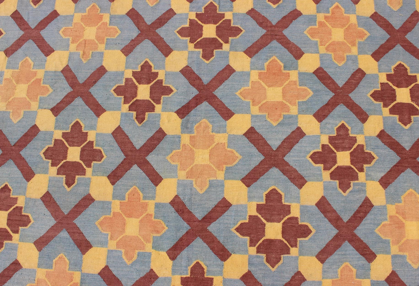 Vintage Flat Weave Cotton Dhurrie With Star Pattern in Blue, Yellow & Brown Red, Keivan Woven Arts. Star pattern flat - woven Dhurrie from India vintage rug, rug 19 - 0603, country of origin / type: India / Dhurrie, circa 1960 This vintage In... - Keivan Woven Arts19 - 0603 - 11473Rug
