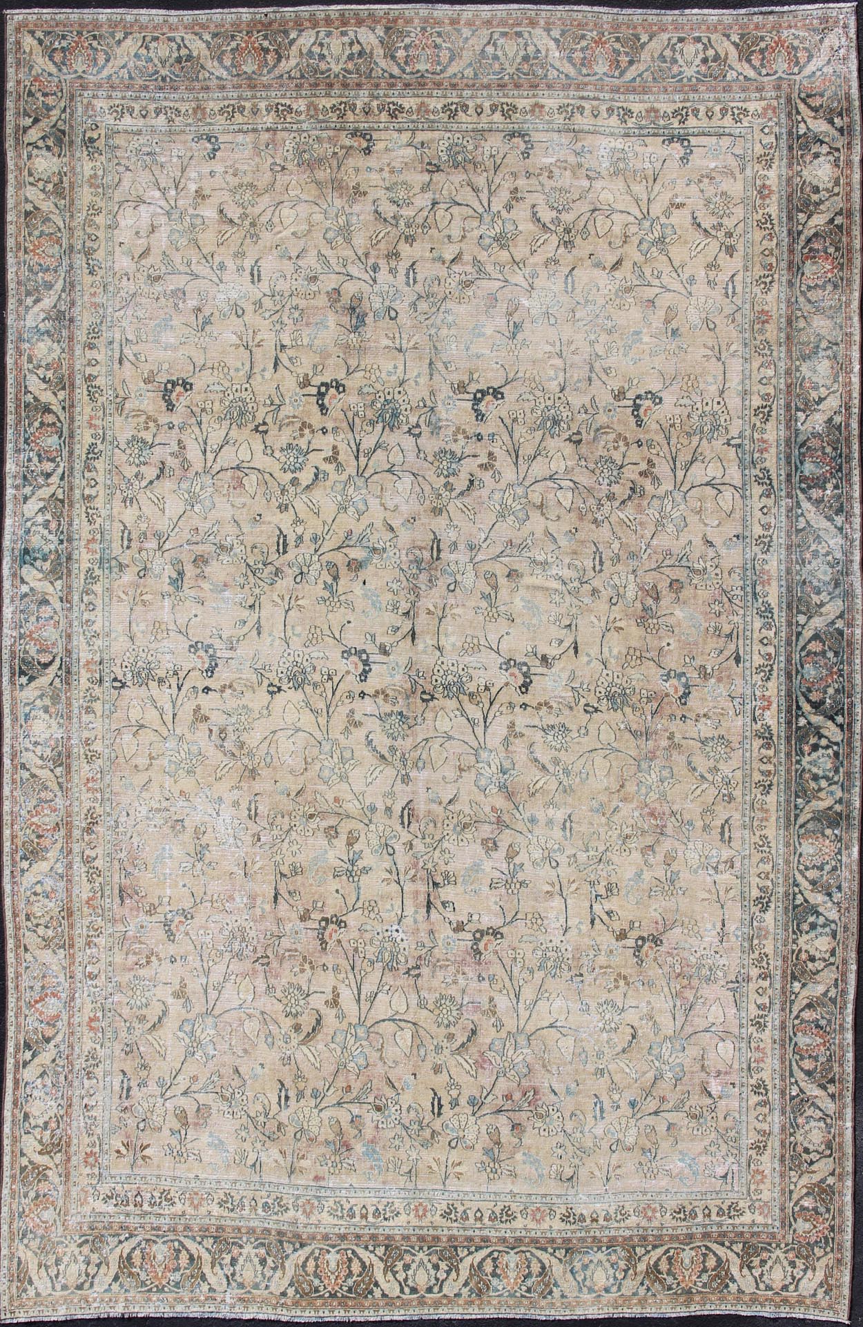 Earth tones large Antique Persian Khorassan with All - Over Earth Tones in neutral tones and Neutral background with Brown, Blue. Sub floral design Khorassan antique rug from Persia in natural color Palette. Keivan Woven Arts rug 19 - 0605, country of orig... - Keivan Woven Arts19 - 0605 - 11483Rug