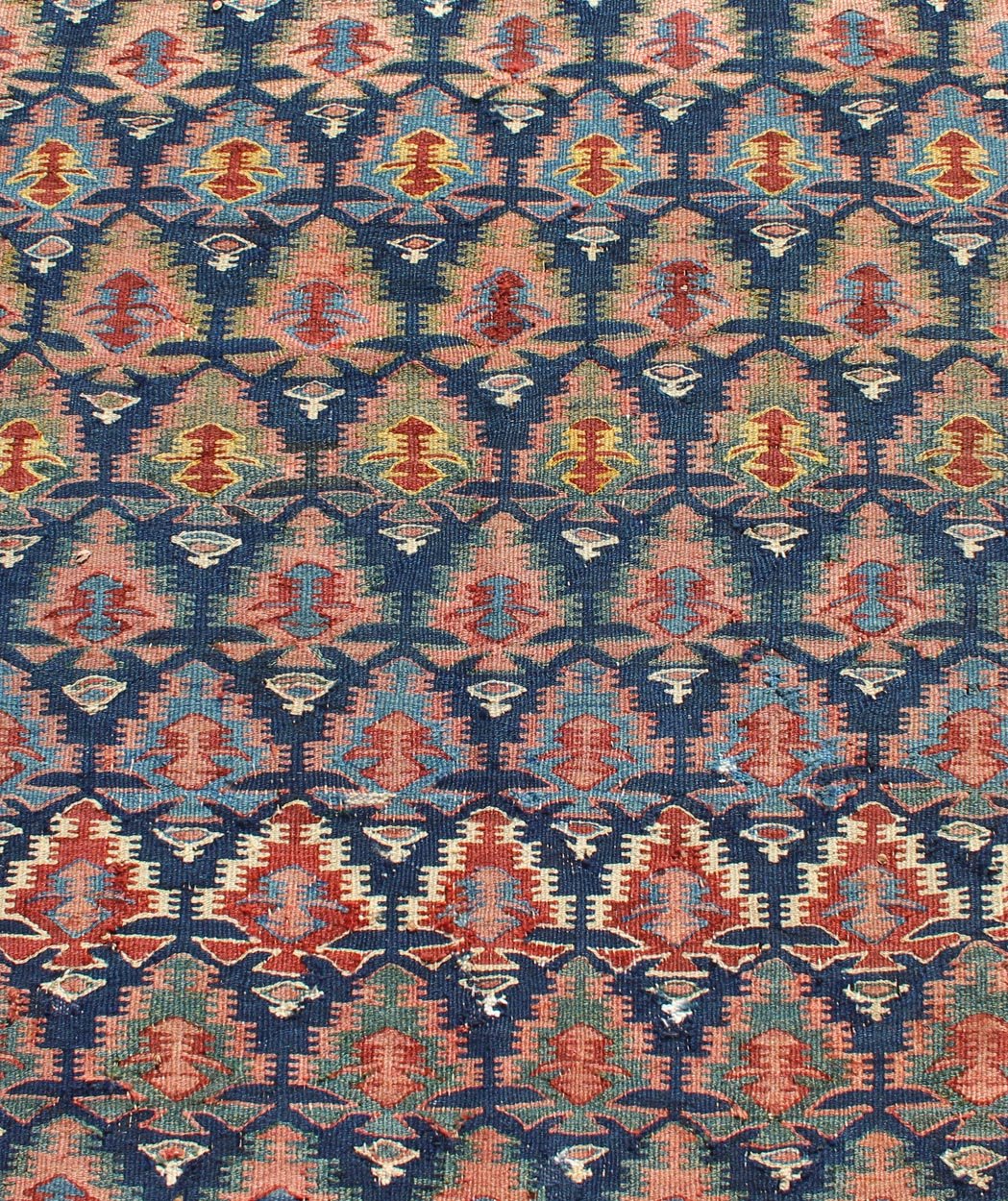 Antique Hand Woven Persian Seneh Kilim Gallery Runner With Geometric and Floral Design Vibrant runner with a beautiful blue color - toned, Geometric Design Kilim Runner antique Kilim Gallery from Persia, Keivan Woven Arts /rug 19 - 0805, country... - Keivan Woven Arts19 - 0805 - 11559Rug