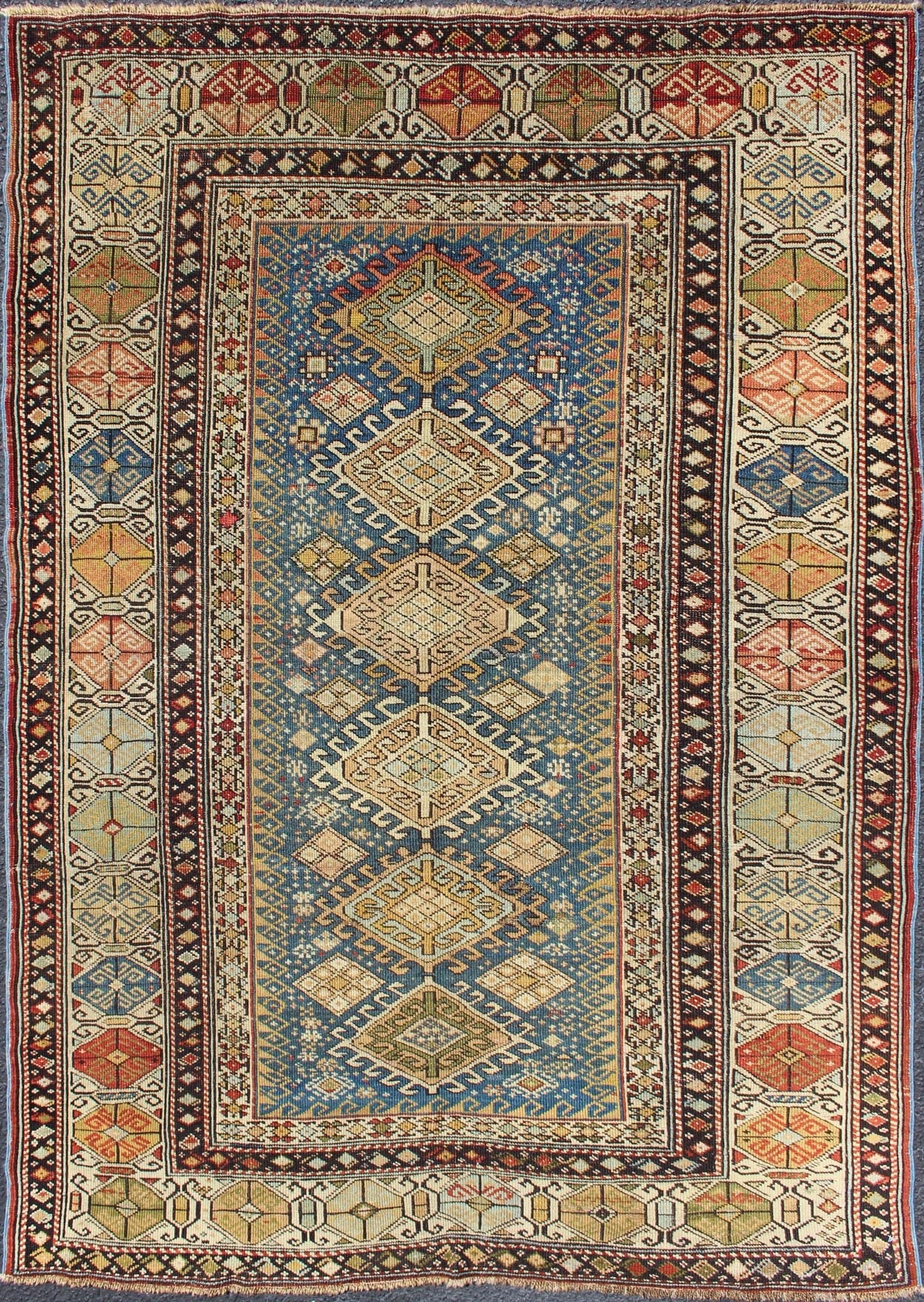 Antique 19th Century Caucasian Shirvan Rug with Medallions in Teal blue Background and Multi Colors. Shirvan Antique Caucasian Rug in Colorful Tones, rug 19 - 0810, country of origin / type: Caucasus / Shirvan, circa 1880 This colorful medall... - Keivan Woven Arts19 - 0810 - 11581Rug