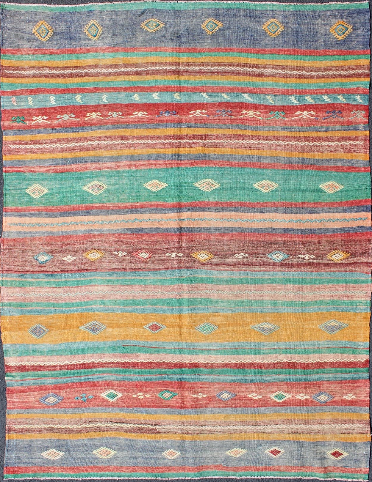 Bright and Colorful Flat-Weave Turkish Kilim Rug with Geometric Stripe Design kwarugs
Geometric strip flat-weave Kilim rug from Turkey in Bright, cheerful, colorful colors, rug en-140549, country of origin / type: turkey / Kilim, circa 1950.
...