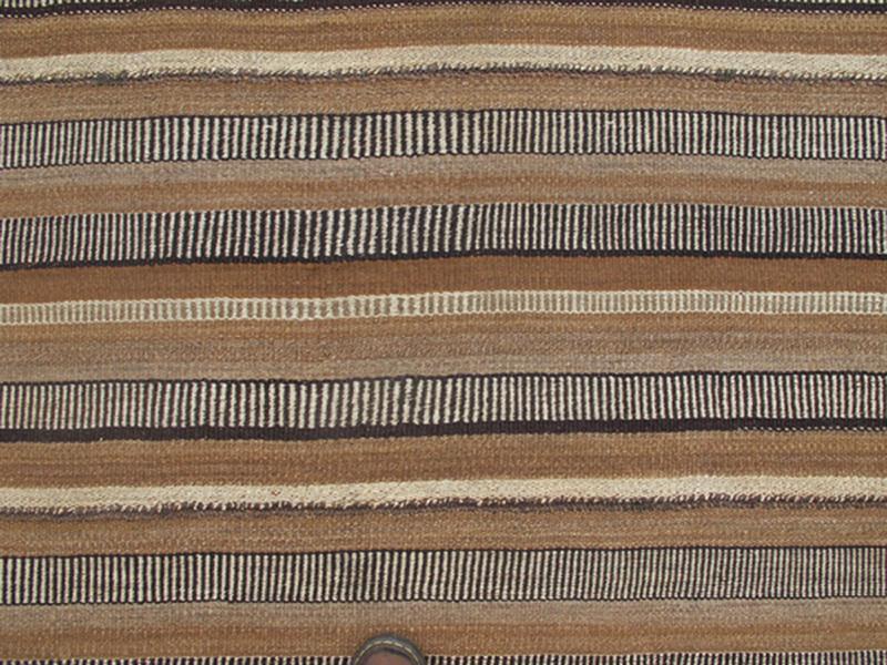Antique Kilim in Vertical Stripes in Gray, Light Brown, Black, Ivory and Camel Colors.
Measures: 5'8 x 8'11.
Antique paneled Kilim with fairly thick body in textured brown, camel, mocha, black, ivory and gray. Keivan Woven Arts/ rug/ TU-...