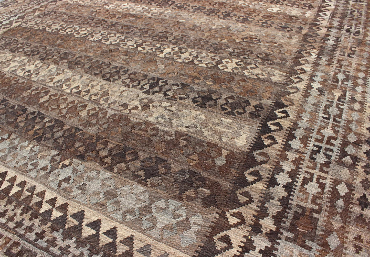 Large Natural Colored Kilim. Modern Kilim in Natural Colors and Undyed Wool in diamond tribal Design This exquisite large Kilim from Afghanistan features a repeating tribal design with alternating striped in various natural colors at its cen... - Keivan Woven ArtsABT - 8089142 - 8463Rug