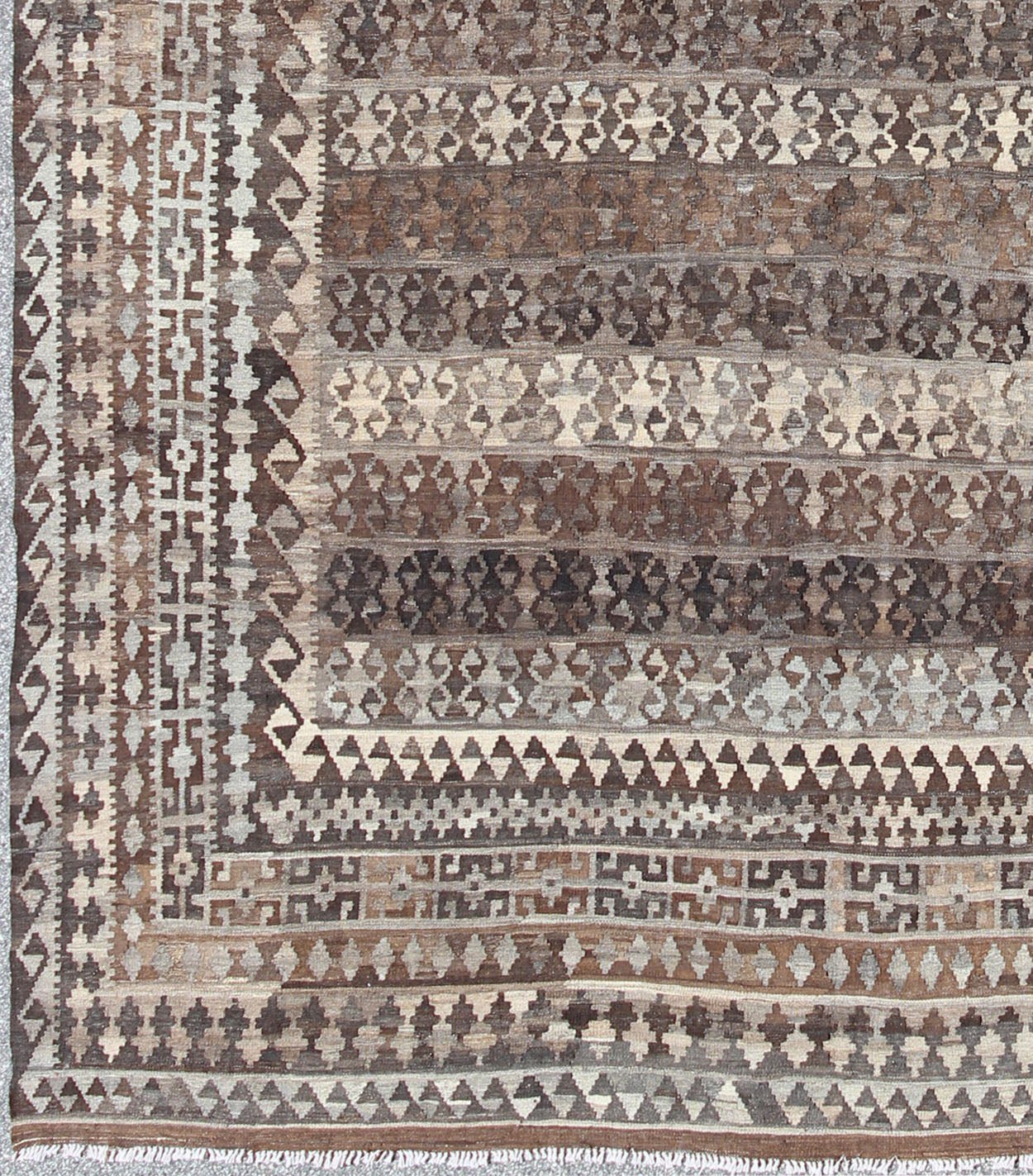 Large Natural Colored Kilim. Modern Kilim in Natural Colors and Undyed Wool in diamond tribal Design This exquisite large Kilim from Afghanistan features a repeating tribal design with alternating striped in various natural colors at its cen... - Keivan Woven ArtsABT - 8089142 - 8463Rug