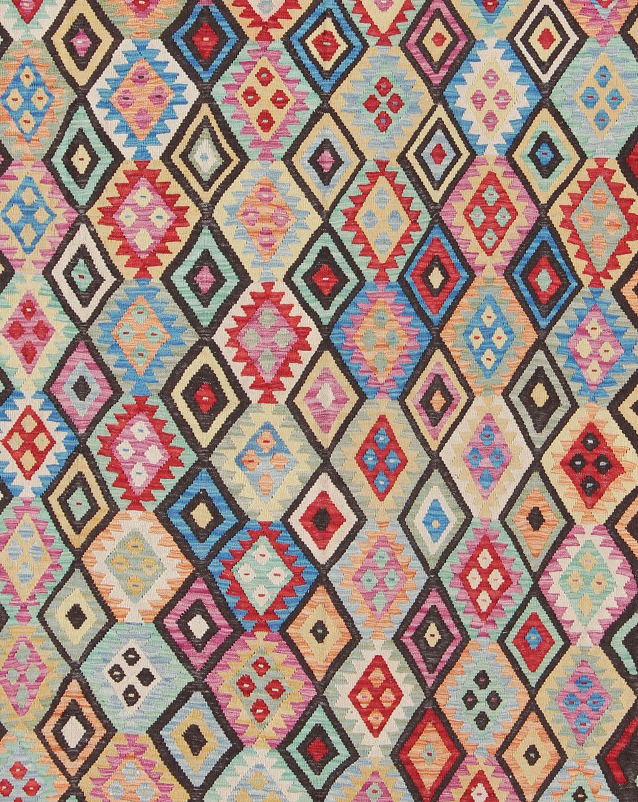 Colorful Tribal Kilim Flat Weave Rug with Chocolate Brown & Bright Multi Colors This flat - woven kilim rug from Afghanistan features a bold geometric design consisting of a variety of colors, including brown, purple, light green, teal, yellow, gr... - Keivan Woven ArtsABT - 8120937 - 8467Rug