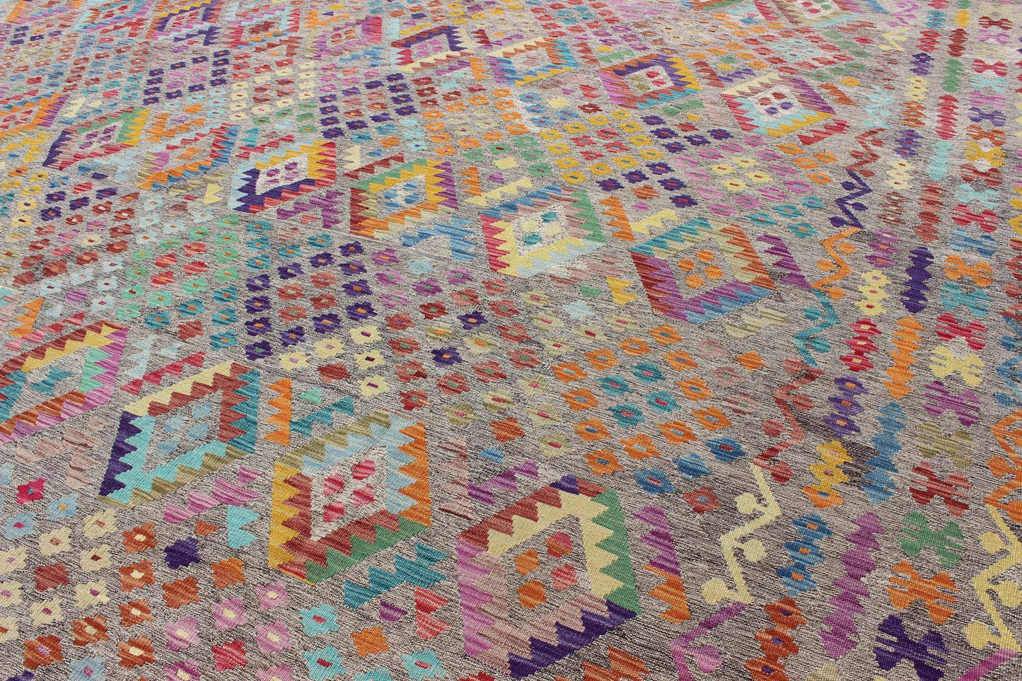 21st Century Afghan Hand Woven Large Modern Kilim Rug in Tribal Design With Multi Colors Keivan Woven Arts, ABT - 8121559, 21st Century Afghan Kilim Rug - 12'7" x 16'1". This large hand - woven Afghan Kilim rug features a beautiful geometric desi... - Keivan Woven ArtsABT - 8121559 - 8471Rug