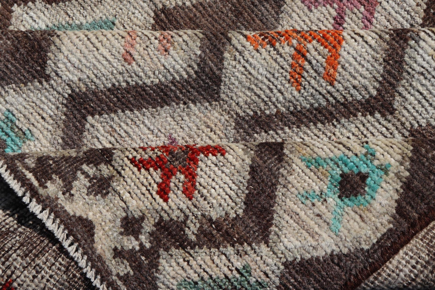 Modern Hand - Knotted Rug in Wool with Sub - Geometric Diamond Design in Multicolor This modern casual tribal rug has been hand - knotted. The rug features a modern all - over sub - geometric diamond design, replete with various motifs in multicolor, mak... - Keivan Woven ArtsAFG - 004 - 563Rug
