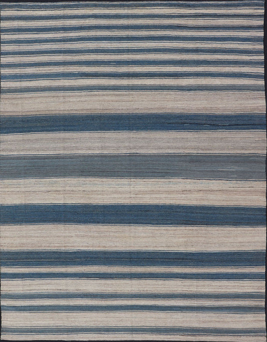 Flat - Weave Modern Kilim Rug with Stripes in Shades of Blue, and Cream Flat - weave Kilim rug with stripes with modern design in shades of blue, gray, and cream Keivan Woven Arts / rug AFG - 123, country of origin / type: Afghanistan / Kilim T... - Keivan Woven ArtsAFG - 123 - 15078Rug