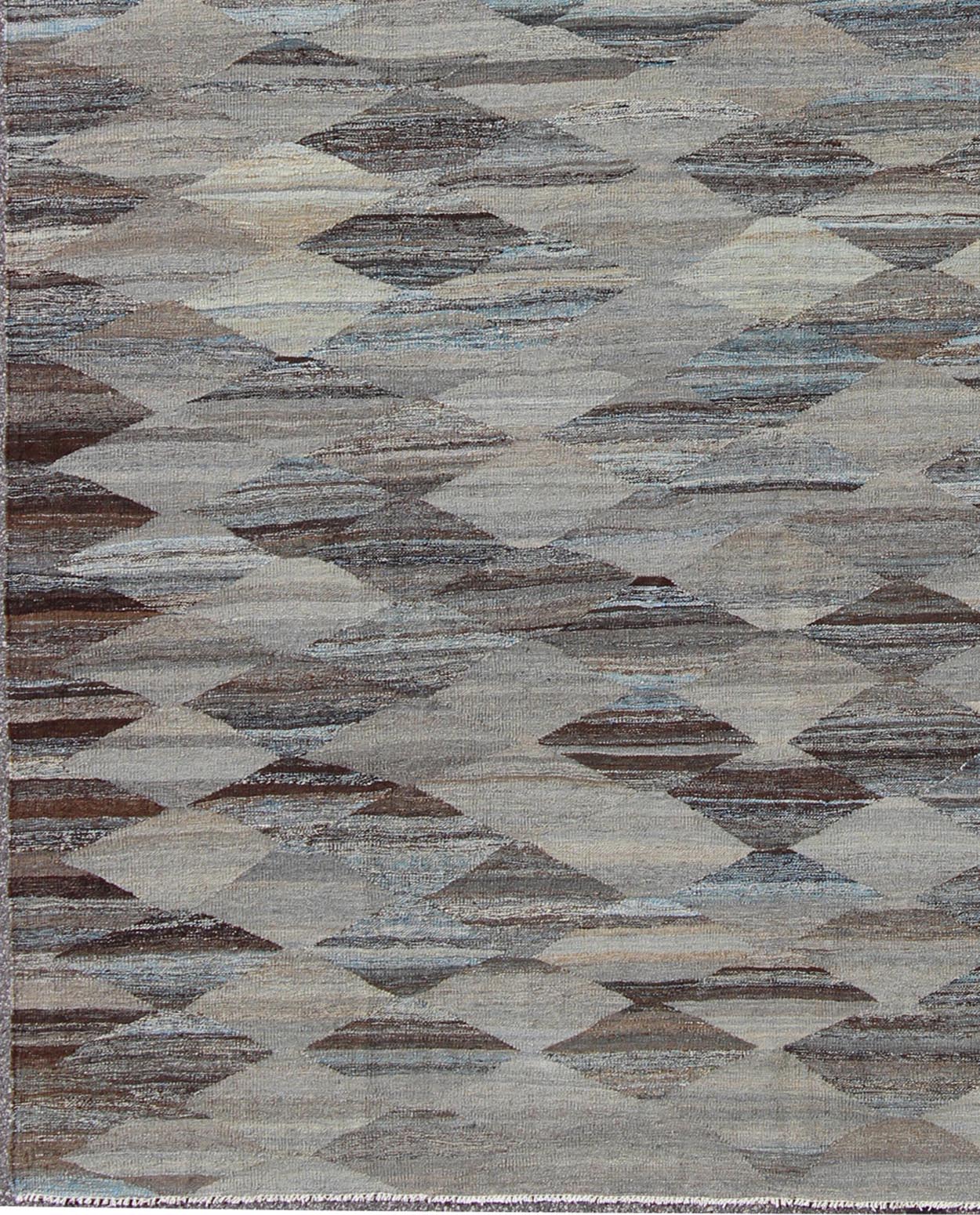 Blue and Brown Diamond Afghan Modern Kilim Geometric Design Modern and casual flat - woven Kilim rug. Neutrals, charcoal, gray, blue and brown diamond Afghan Modern Kilim Geometric design. Keivan Woven Arts / Rug AFG - 13481, country of origin / typ... - Keivan Woven ArtsAFG - 13481 - 9563Rug