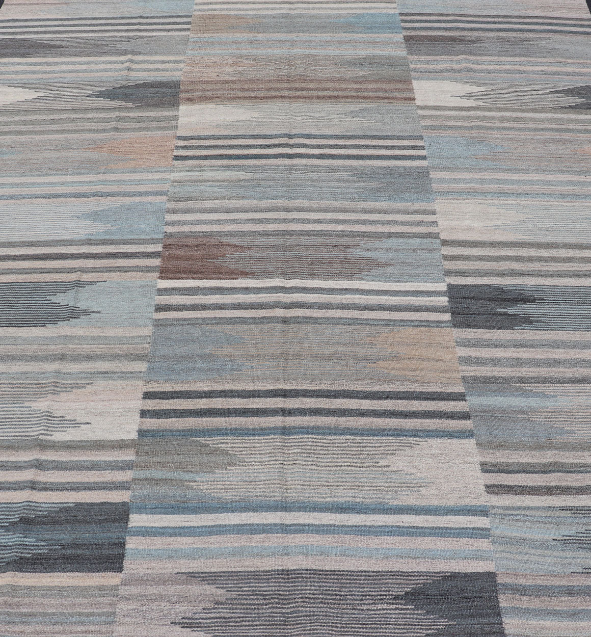 Modern Afghanistan Kilim with Blue, Brown, Gray and Cream blue, gray, brown checkered Kilim Modern rug with Kilim, Keivan Woven Arts / rug AFG - 203, country of origin / type: Afghanistan / Kilim, condition: new This brand new rug features ... - Keivan Woven ArtsAFG - 203 - 15841Rug