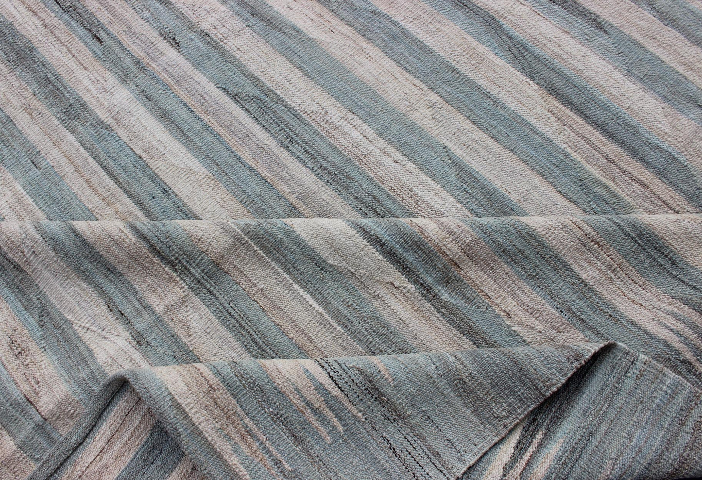 Large Afghanistan Kilim Modern With Stripes in Shade of Light Green and Cream Flat - weave Kilim rug with stripes with modern design in shades of blue, taupe gray and ivory, rug afg - 27788, country of origin / type: Afghanistan / Kilim This... - Keivan Woven ArtsAFG - 27788 - 11923Rug