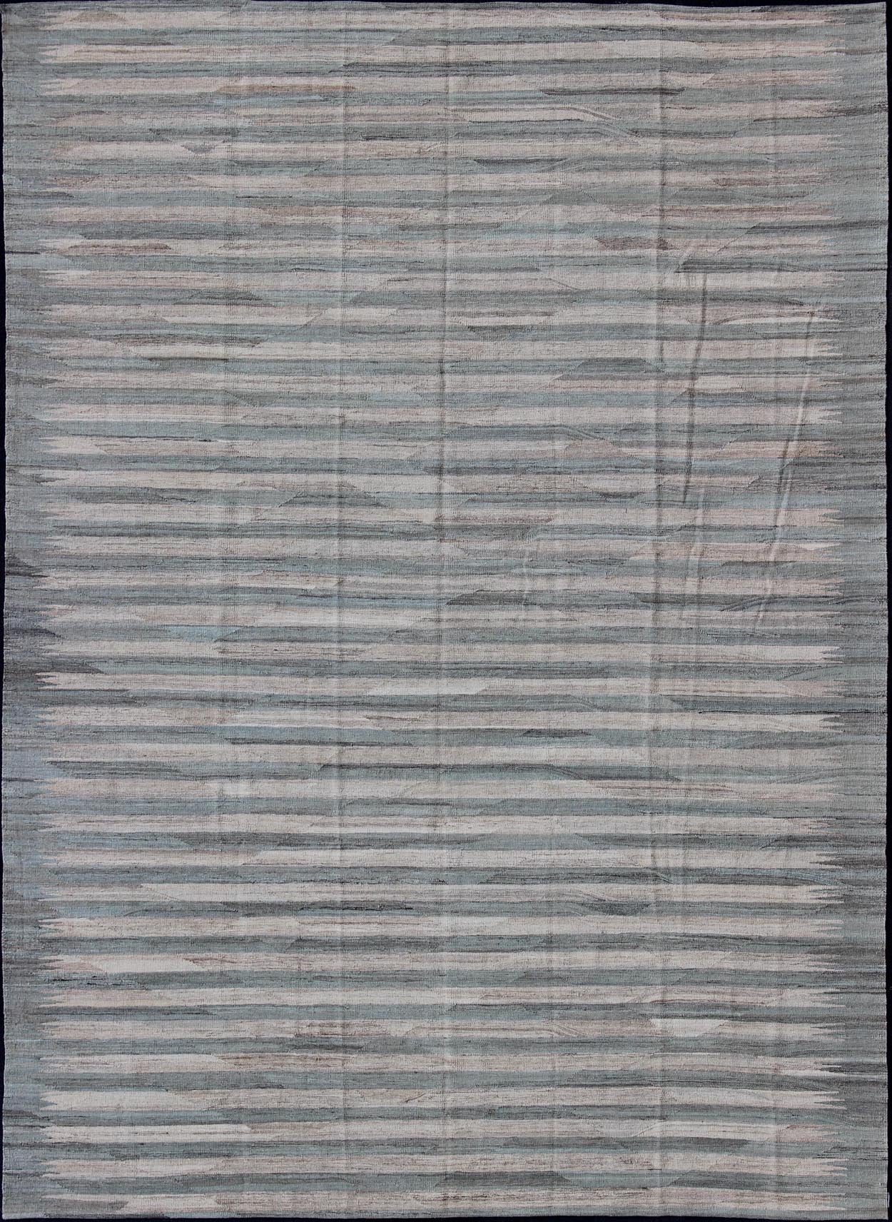 Large Afghanistan Kilim Modern With Stripes in Shade of Light Green and Cream Flat - weave Kilim rug with stripes with modern design in shades of blue, taupe gray and ivory, rug afg - 27788, country of origin / type: Afghanistan / Kilim This... - Keivan Woven ArtsAFG - 27788 - 11923