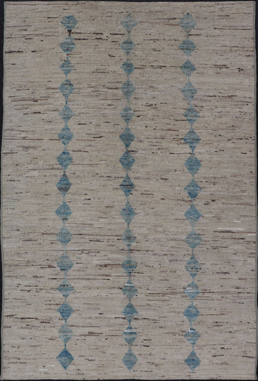 Casual Modern Rug in Creams and Blue Tones and Minimalist Design Rug with Casual Modern design, rug AFG - 33330,Keivan Woven Arts / country of origin / type: Afghanistan / Moroccan tribal, modern casual Neutral tone rug. The Minimalist desi... - Keivan Woven ArtsAFG - 29205 - 15885Rug