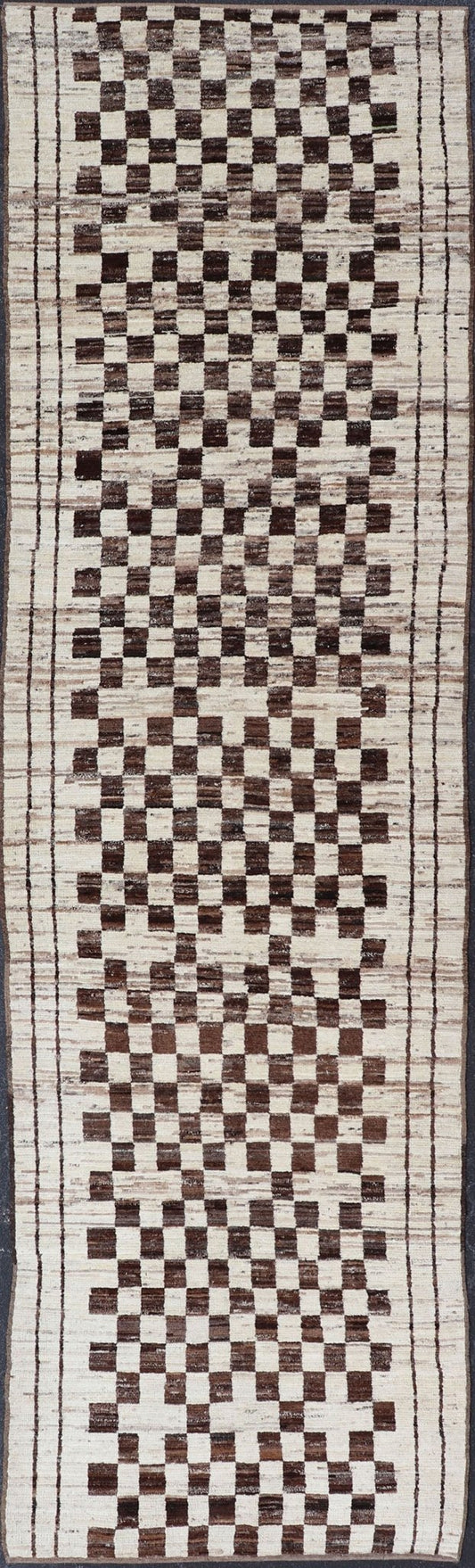Casual Modern Gallery Runner in White and Brown Tones Runner with Casual Modern design, rug AFG - 30022, country of origin / type: Afghanistan / Moroccan tribal, modern casual Neutral tone rug. The tribal design of this piled long runner ma... - Keivan Woven ArtsAFG - 30022 - 15673Rug