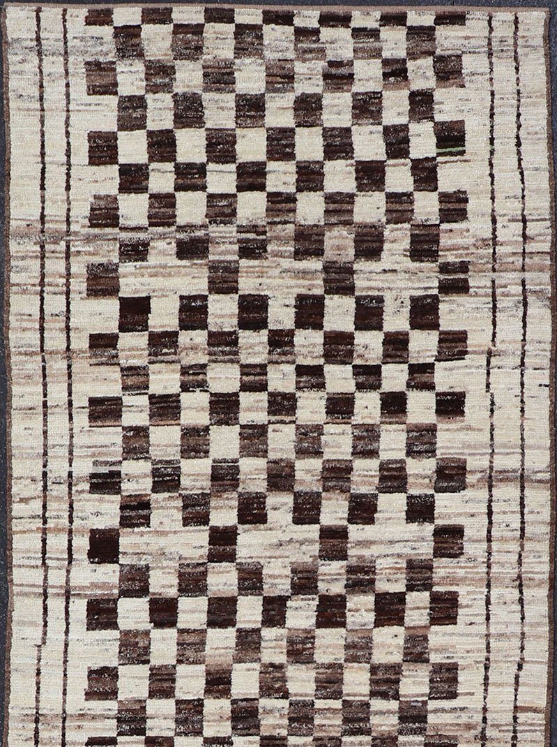 Casual Modern Gallery Runner in White and Brown Tones Runner with Casual Modern design, rug AFG - 30022, country of origin / type: Afghanistan / Moroccan tribal, modern casual Neutral tone rug. The tribal design of this piled long runner ma... - Keivan Woven ArtsAFG - 30022 - 15673Rug