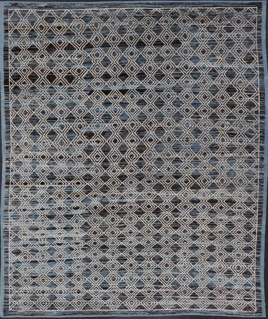 Blue, Charcoal, Gray and Brown Afghan Modern Geometric Design Rug. Modern and casual rug. Neutrals, charcoal, gray, blue and brown tribal Afghan Modern Kilim Geometric design. Rug AFG - 30430, country of origin / type: Afghanistan / Modern rug/ modern... - Keivan Woven ArtsAFG - 30430 - 15677Rug