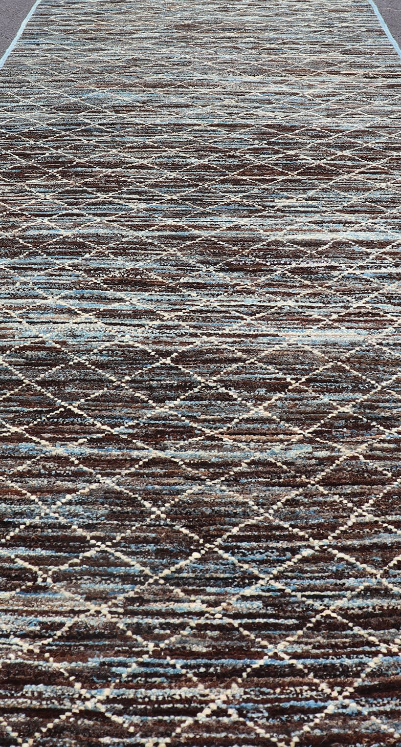 Modern Afghanistan Runner in Neutral Tones with Subdued Design Blue and Brown tone rug with Moroccan free - flowing tribal design, Keivan Woven Arts / rug AFG - 30667, country of origin / type: Afghanistan The subdued design of this piled ru... - Keivan Woven ArtsAFG - 30667 - 15685Rug