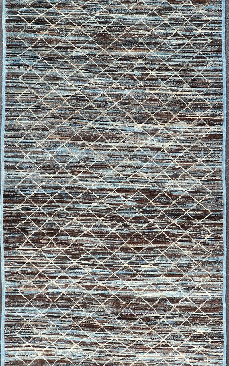Modern Afghanistan Runner in Neutral Tones with Subdued Design Blue and Brown tone rug with Moroccan free - flowing tribal design, Keivan Woven Arts / rug AFG - 30667, country of origin / type: Afghanistan The subdued design of this piled ru... - Keivan Woven ArtsAFG - 30667 - 15685Rug