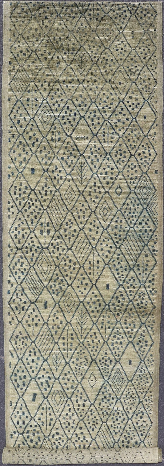 Modern Gallery Long Runner with Tribal Moroccan design in Yellow Green & Blue. Yellow Green Background with navy blue highlights in tribal design and free - flowing Moroccan design, rug AFG - 31830, country of origin / type: Afghanistan / piled ... - Keivan Woven ArtsAFG - 31830 - 15693Rug