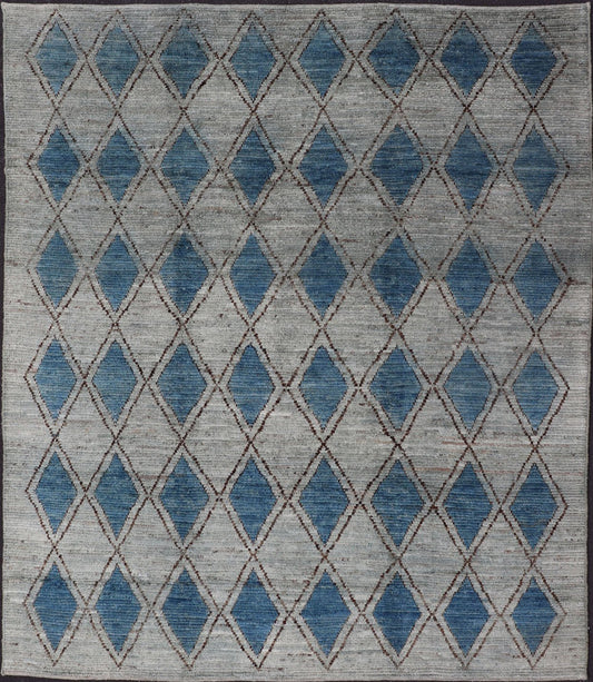 Modern Casual Design Tribal Rug with Diamond Pattern in Gray, Blue, and Brown. blue, gray, andbrown rug with modern casual design and natural wool, rug AFG - 31952, country of origin / type: Afghanistan / Modern, This classic natured Moroccan ... - Keivan Woven ArtsAFG - 31952 - 15917Rug