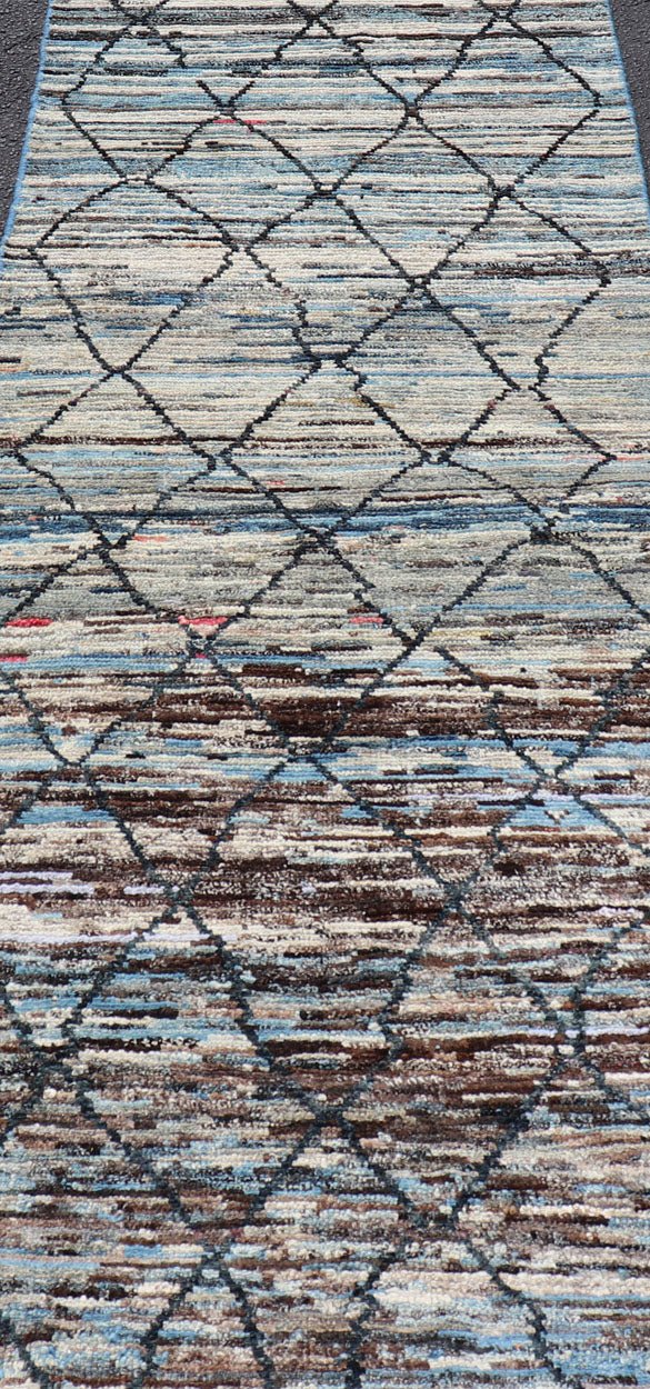 Blue, Charcoal, Gray and Brown Diamond Afghan Modern Geometric Design Modern and casual runner rug. Neutrals, charcoal, gray, blue and brown diamond Afghan Modern Geometric design. Rug AFG - 32075, country of origin / type: Afghanistan / Piled ... - Keivan Woven ArtsAFG - 32075 - 14010Rug