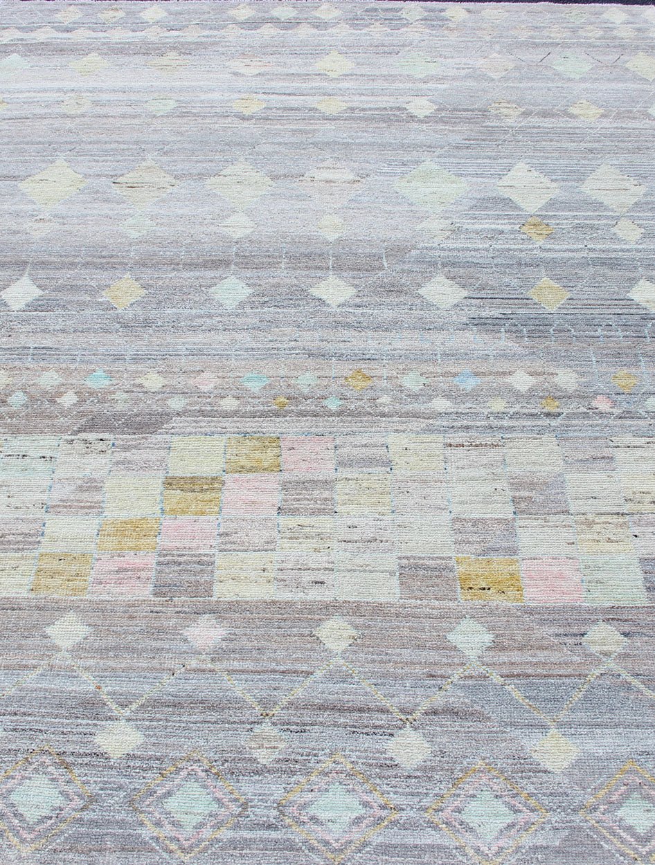 Casual Modern Design Rug in Light Grey and Pops of Colors Neutral tone rug with casual modern design, rug AFG - 33319, country of origin / type: Afghanistan / Moroccan tribal, modern casual The design of this piled rug makes it perfect fo... - Keivan Woven ArtsAFG - 33319 - 13864Rug