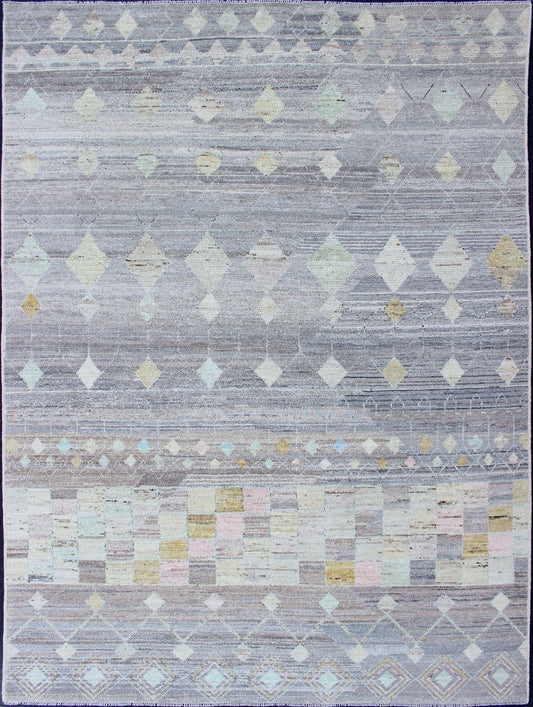 Casual Modern Design Rug in Light Grey and Pops of Colors Neutral tone rug with casual modern design, rug AFG - 33319, country of origin / type: Afghanistan / Moroccan tribal, modern casual The design of this piled rug makes it perfect fo... - Keivan Woven ArtsAFG - 33319 - 13864Rug
