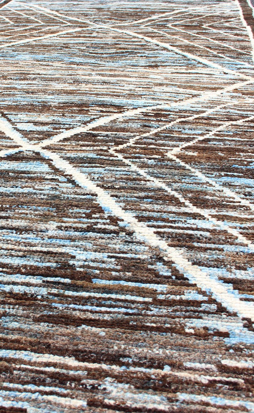 Modern Runner in Brown, Lt. Blue Tones with diamond & Geometric Design. various Blue and Brown tones rug with Moroccan free - flowing tribal design, rug AFG - 33322, country of origin / type: Afghanistan / The subdued design of this piled r... - Keivan Woven ArtsAFG - 33322 - 13868Rug