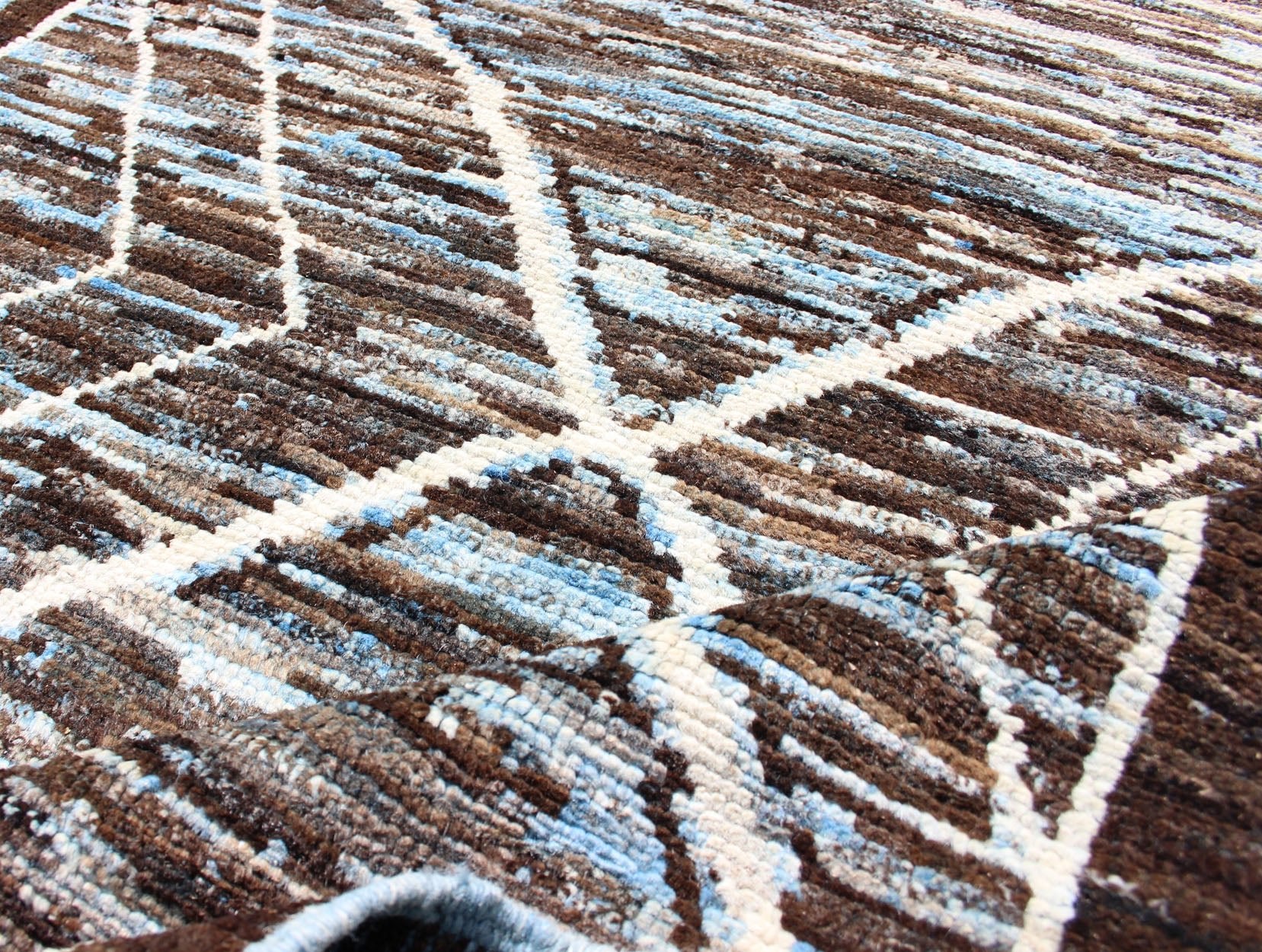Modern Runner in Brown, Lt. Blue Tones with diamond & Geometric Design. various Blue and Brown tones rug with Moroccan free - flowing tribal design, rug AFG - 33322, country of origin / type: Afghanistan / The subdued design of this piled r... - Keivan Woven ArtsAFG - 33322 - 13868Rug