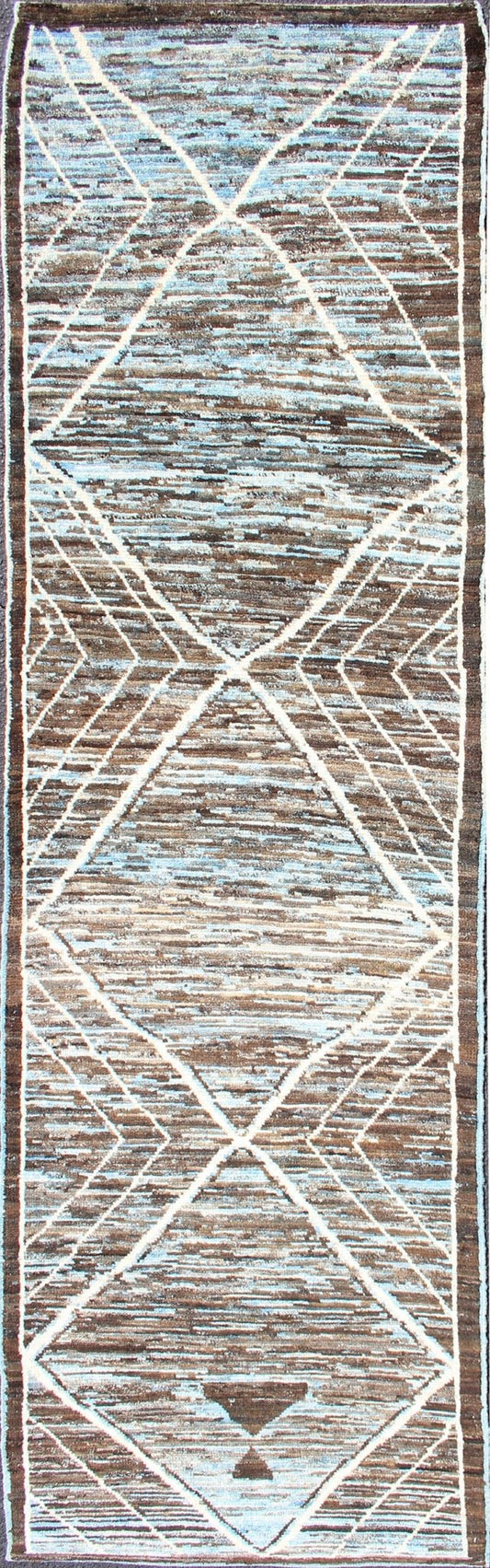 Modern Runner in Brown, Lt. Blue Tones with diamond & Geometric Design. various Blue and Brown tones rug with Moroccan free - flowing tribal design, rug AFG - 33322, country of origin / type: Afghanistan / The subdued design of this piled r... - Keivan Woven ArtsAFG - 33322 - 13868Rug