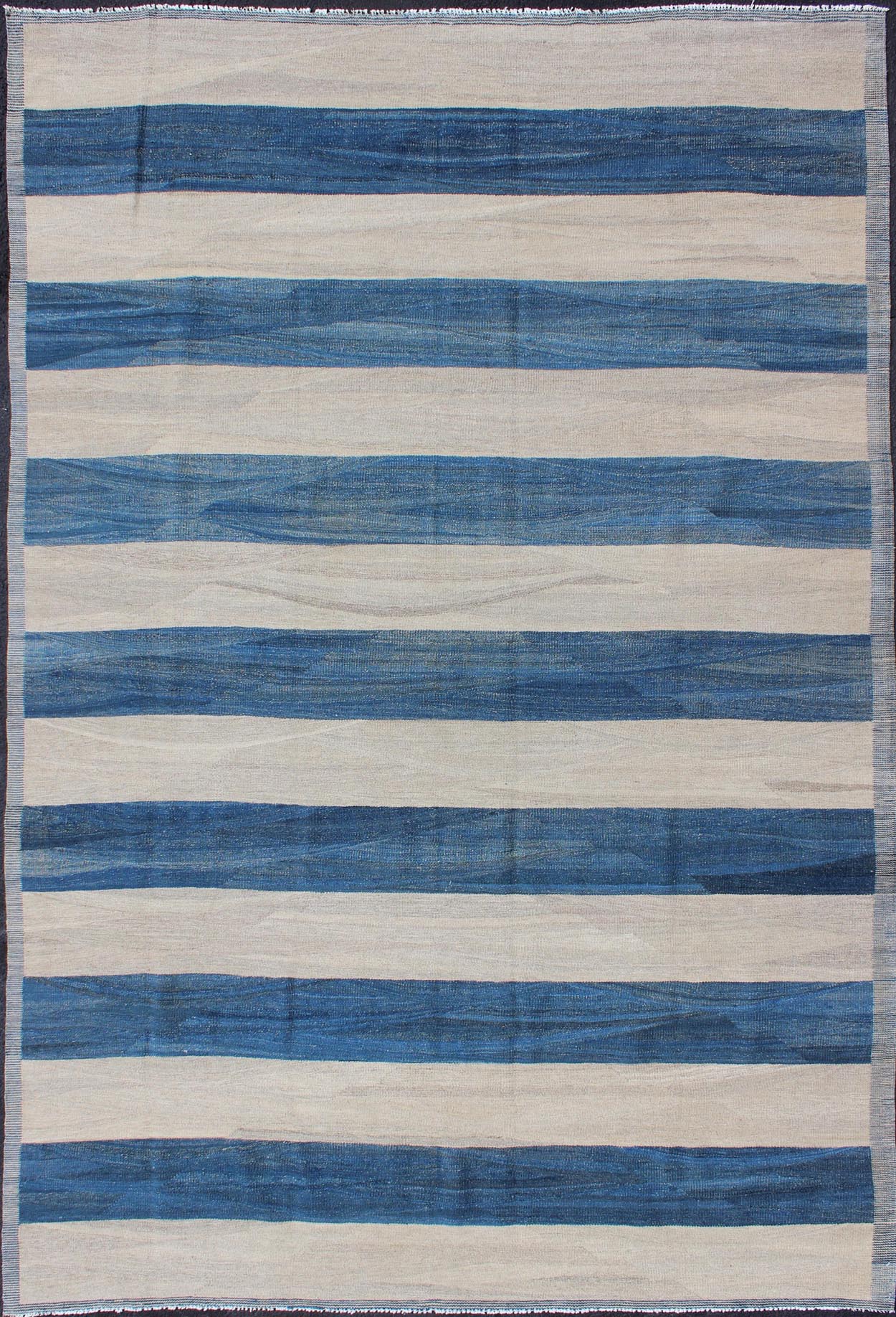 Keivan Woven Arts Modern Stripe Patterned Kilim in Blue and Ivory. Keivan Woven Arts rug AFG - 3439, Keivan Woven Arts / country of origin / type: Afghanistan / Kilim. Measures: 6'4 x 9'8 This playful piece features a all - over design that evokes ... - Keivan Woven ArtsAFG - 3439 - 10396Rug