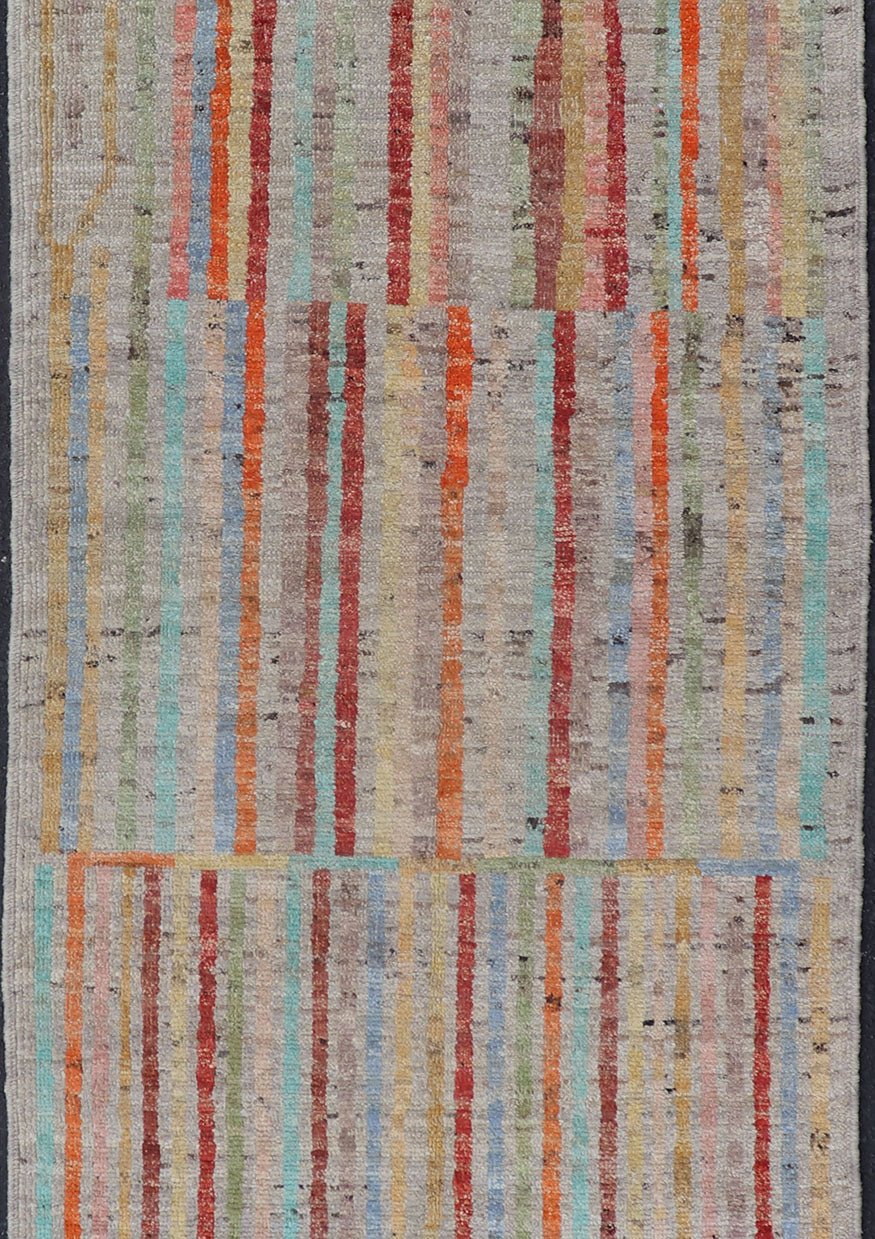 Modern Casual Hand Knotted Piled Runner in Color and Minimalist Modern Design Modern piled runner with ivory/creamy background color and variation of vivid accent colors, rug AFG - 36090, Keivan Woven Arts country of origin / type: Afghanistan / P... - Keivan Woven ArtsAFG - 36090 - 5942 - 16700Rug