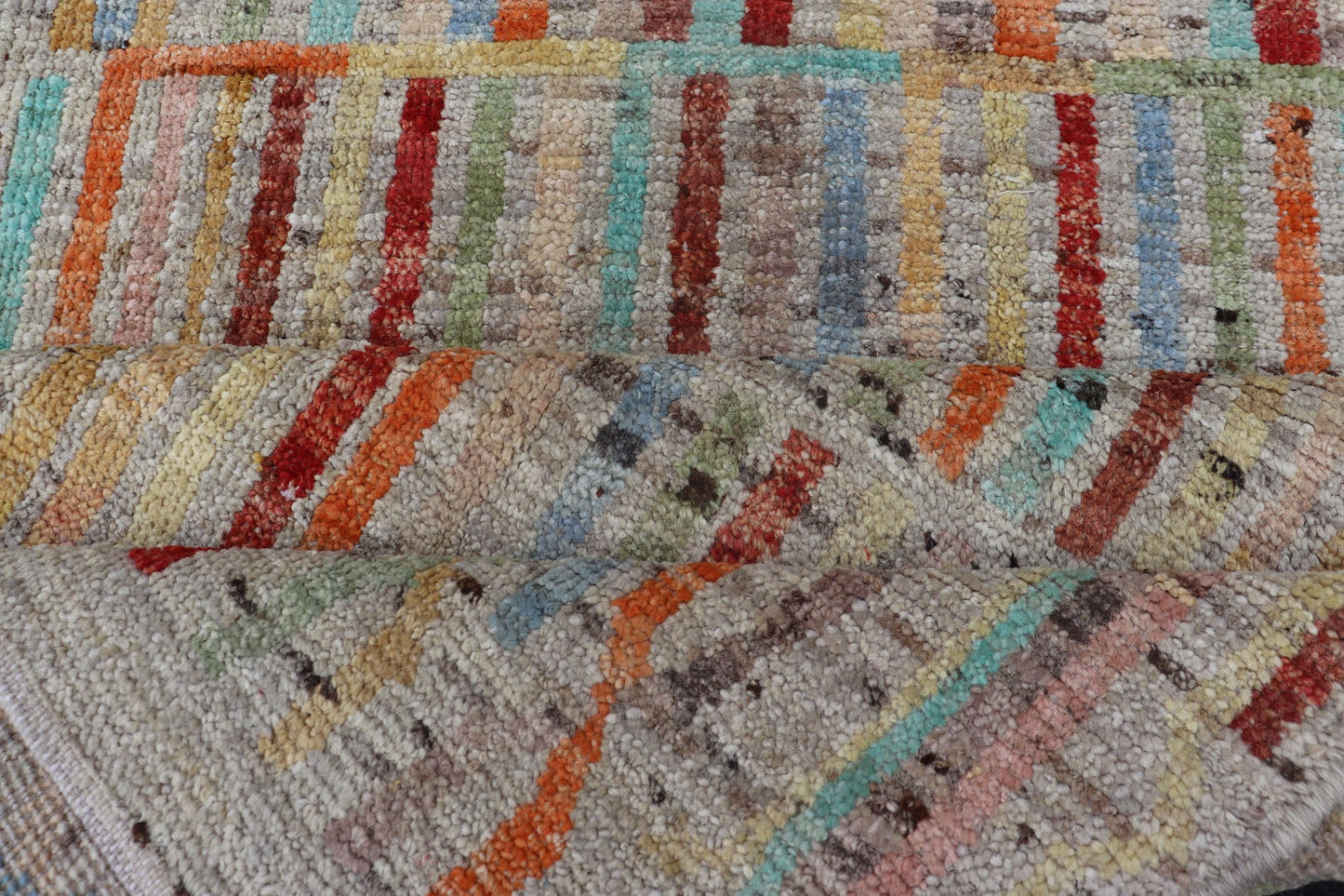 Modern Casual Hand Knotted Piled Runner in Color and Minimalist Modern Design Modern piled runner with ivory/creamy background color and variation of vivid accent colors, rug AFG - 36090, Keivan Woven Arts country of origin / type: Afghanistan / P... - Keivan Woven ArtsAFG - 36090 - 5942 - 16700Rug