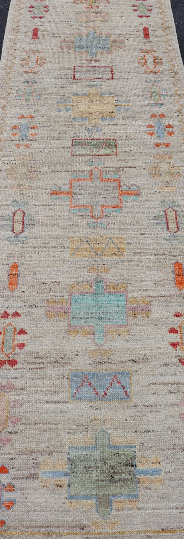 Modern Casual Piled Runner in Color and Minimalist Modern Tribal Design Modern piled runner with ivory/creamy background color and variation of vivid accent colors, rug AFG - 36090, Keivan Woven Arts country of origin / type: Afghanistan / Piled, ... - Keivan Woven ArtsAFG - 36094 - 5944 - 16718Rug