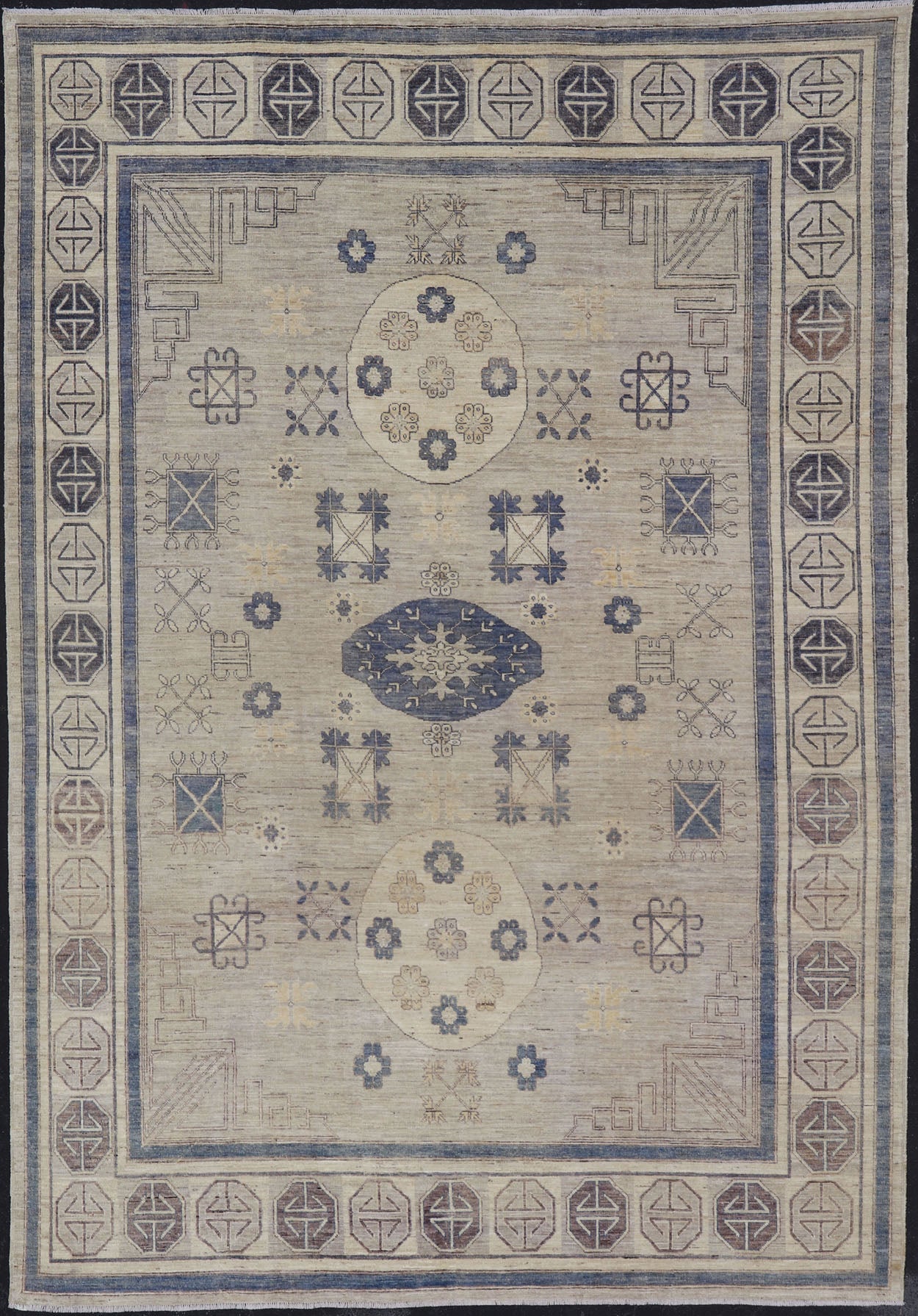 Khotan Design Rug with Geometric Medallions in Royal Blue and Cream Khotan Design Rug with Geometric Medallions in Royal Blue and Ivory, Geometric Khotan rug AFG - 36099, Keivan Woven Arts / country of origin / type: Afghanistan / Khotan T... - Keivan Woven ArtsAFG - 36099 - 5625 - 16742Rug