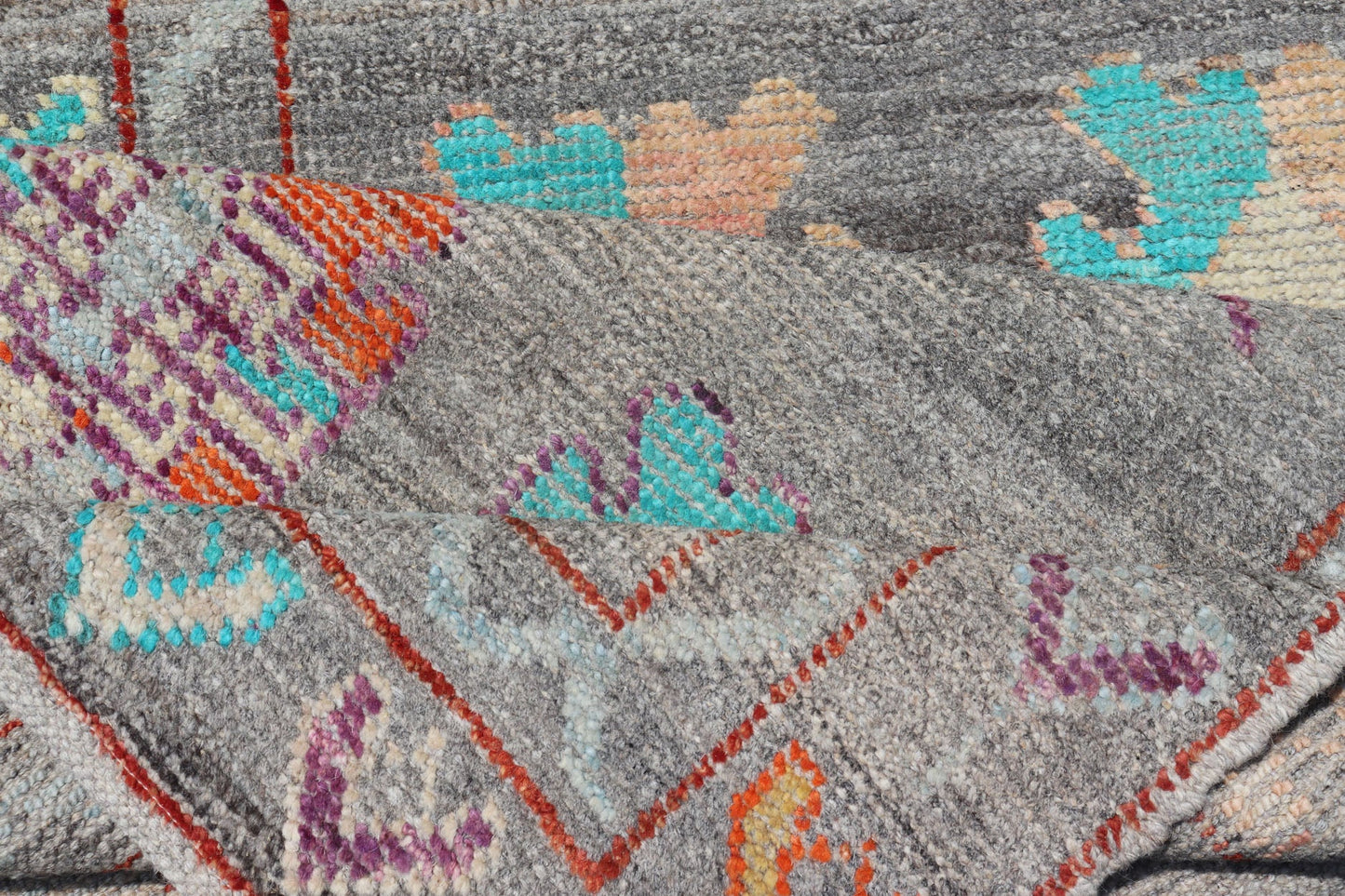 Modern Runner with Tribal Motifs in Warm Gray Background and Vivid Multi Colors. Colorful Runner, Tribal Runner Fine Afghan made, Tribal designed runner in gray and vivid color palette and all - over geometrics Keivan Woven Arts/rug AFG - 36122, co... - Keivan Woven ArtsAFG - 36122 - 5372 - 16808Rug
