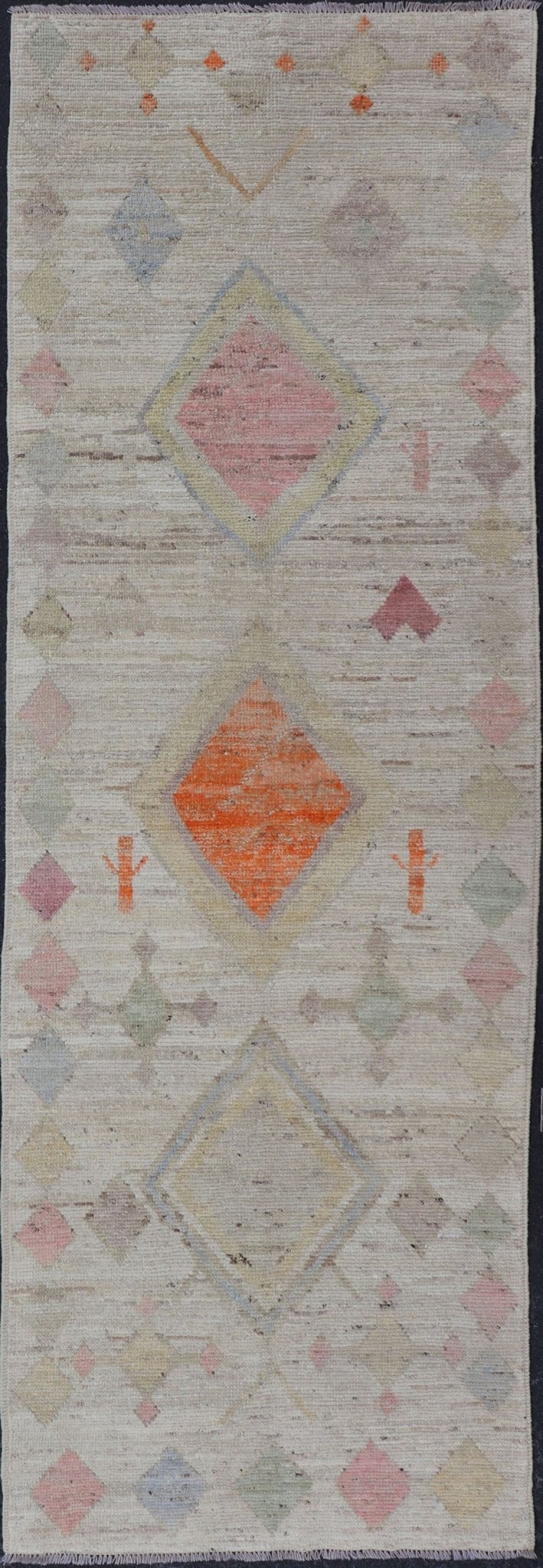 Modern Afghan Tribal Motif Design Runner in Cream and Vivid Colors Afghan Tribal designed runner in cream and vivid color palette and all - over flower design, rug AFG - 36124, Keivan Woven Arts/ country of origin / type: Afghanistan / Modern ... - Keivan Woven ArtsAFG - 36124 - 5931 - 16814Rug