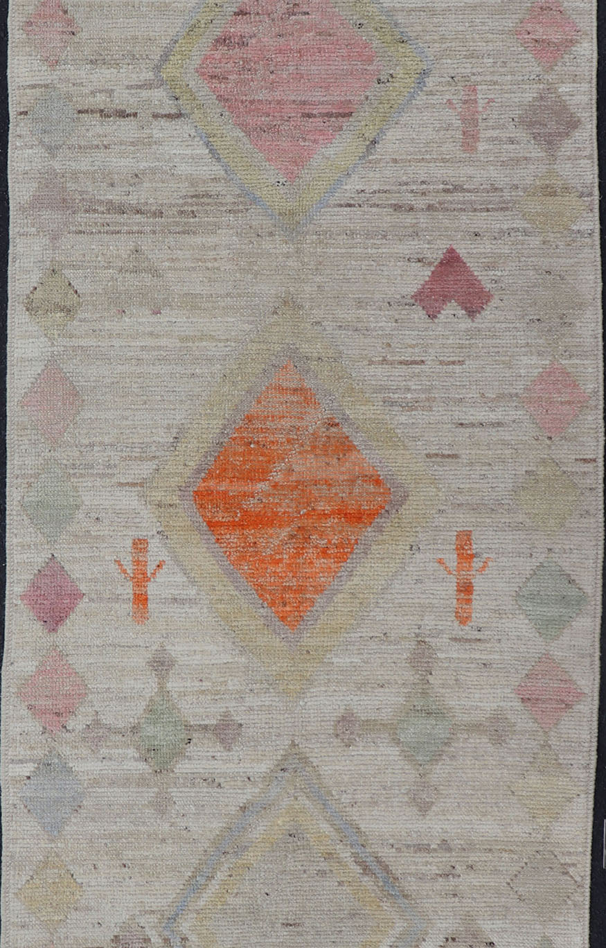 Modern Afghan Tribal Motif Design Runner in Cream and Vivid Colors Afghan Tribal designed runner in cream and vivid color palette and all - over flower design, rug AFG - 36124, Keivan Woven Arts/ country of origin / type: Afghanistan / Modern ... - Keivan Woven ArtsAFG - 36124 - 5931 - 16814Rug