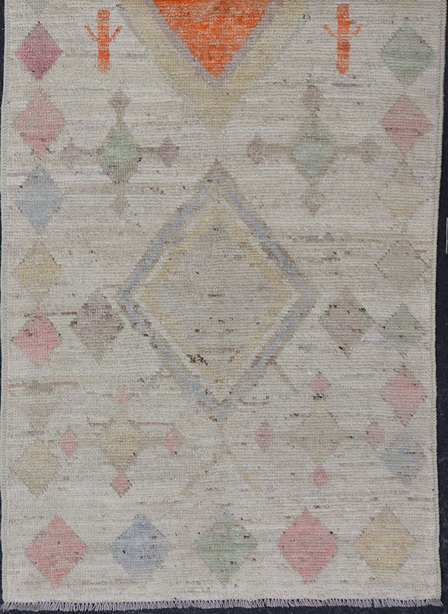 Modern Afghan Tribal Motif Design Runner in Cream and Vivid Colors Afghan Tribal designed runner in cream and vivid color palette and all - over flower design, rug AFG - 36124, Keivan Woven Arts/ country of origin / type: Afghanistan / Modern ... - Keivan Woven ArtsAFG - 36124 - 5931 - 16814Rug