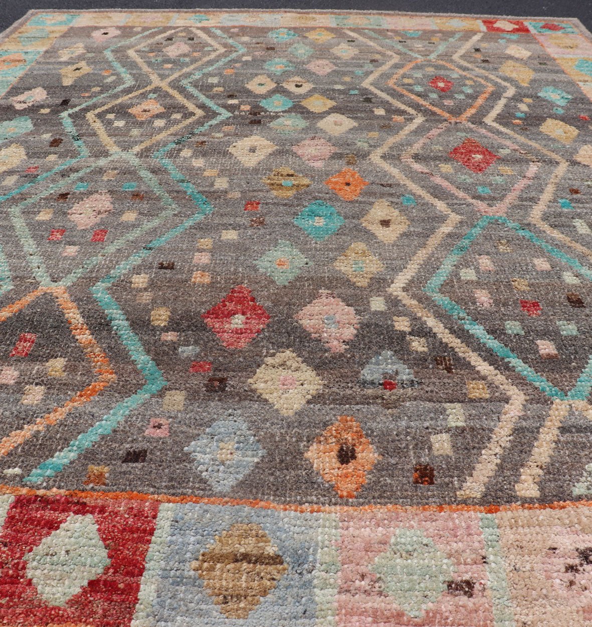 Modern Diamonds and Tribal Design Rug in Gray Background and Vivid Colors. Afghan Tribal designed rug in gray and vivid color palette and tribal design, rug AFG - 36126, country of origin / type: Afghanistan / Modern. Modern rug This modern... - Keivan Woven ArtsAFG - 36126 - 6224 - 16820Rug
