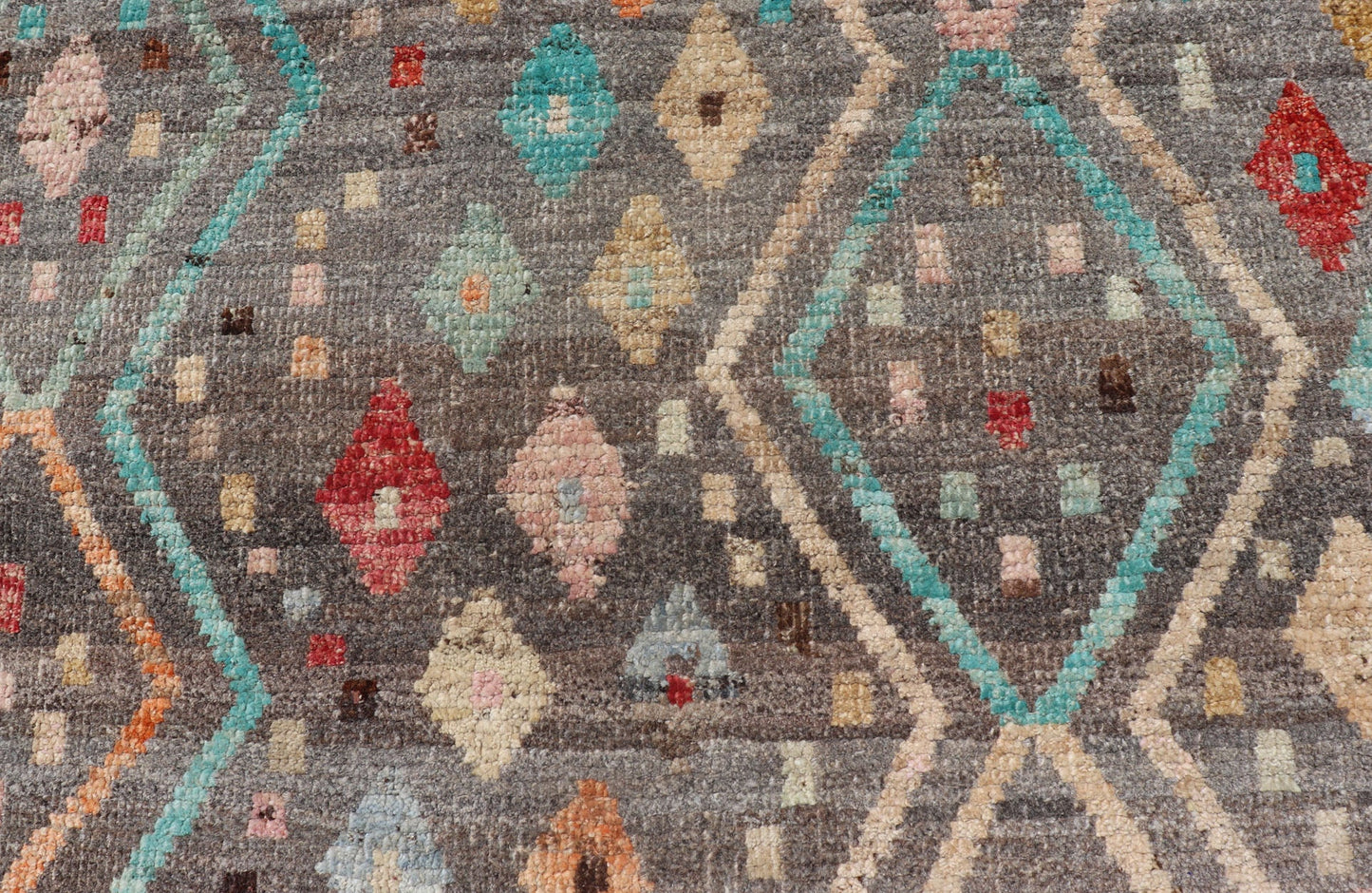 Modern Diamonds and Tribal Design Rug in Gray Background and Vivid Colors. Afghan Tribal designed rug in gray and vivid color palette and tribal design, rug AFG - 36126, country of origin / type: Afghanistan / Modern. Modern rug This modern... - Keivan Woven ArtsAFG - 36126 - 6224 - 16820Rug
