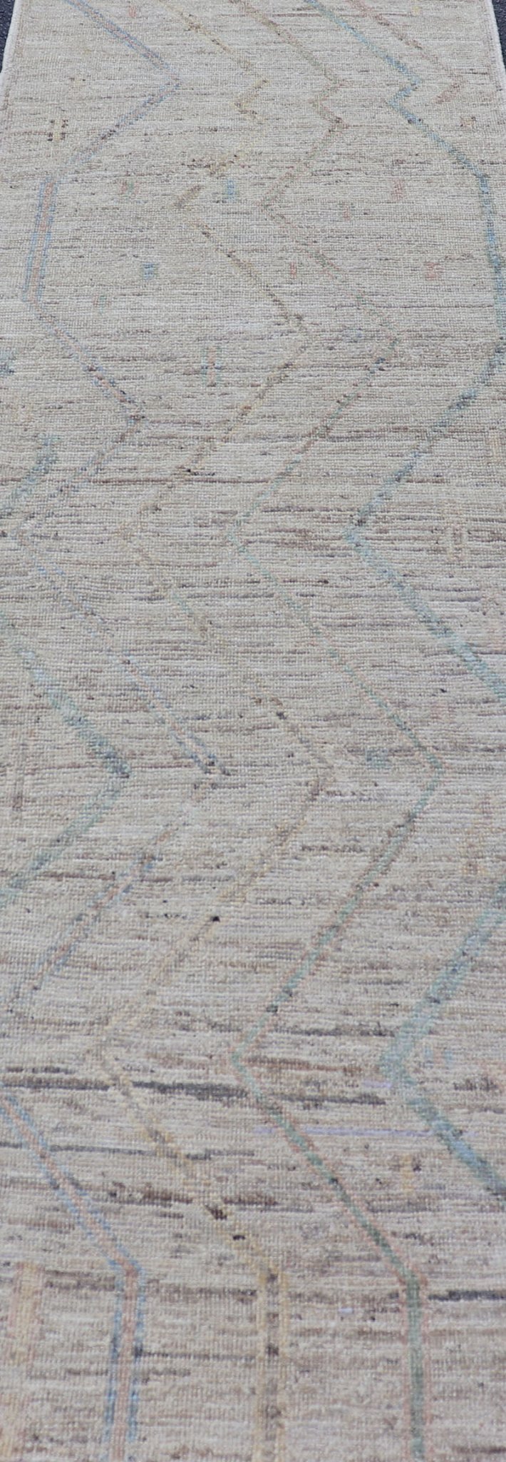 Measurers: 2'11 x 9'7 Afghan Modern Casual Runner by Keivan Woven Arts in Light Cream and Multi Colors. Keivan Woven Arts; rug AFG - 39445 Country of Origin: Afghanistan Type: Modern Casual Design: Geometric, Tribal Chevron, All - Over. This qu... - Keivan Woven ArtsAFG - 39445 - 18233Rug