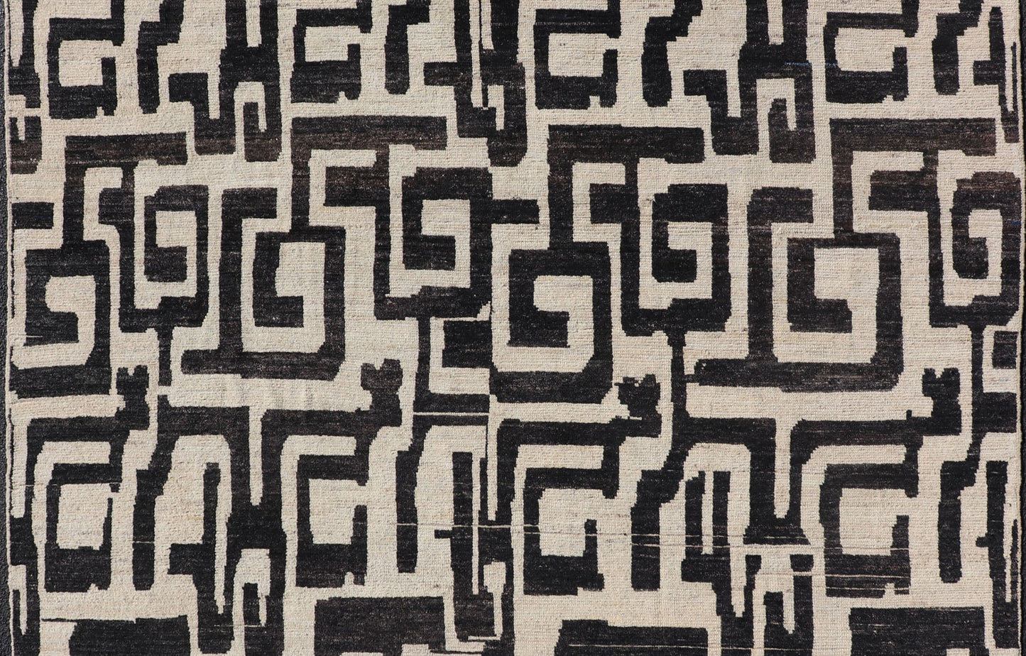 Measures: 8'3 x 9'7 Large Black and Ivory Abstract Modern Casual Rug by Keivan Woven Arts. Keivan Woven Arts; rug AFG - 39466 / Country of Origin: Afghanistan Type: Modern Casual Design: Abstract, Sub - Geometric, Minimalist. This oversized mod... - Keivan Woven ArtsAFG - 39466 - 18281Rug