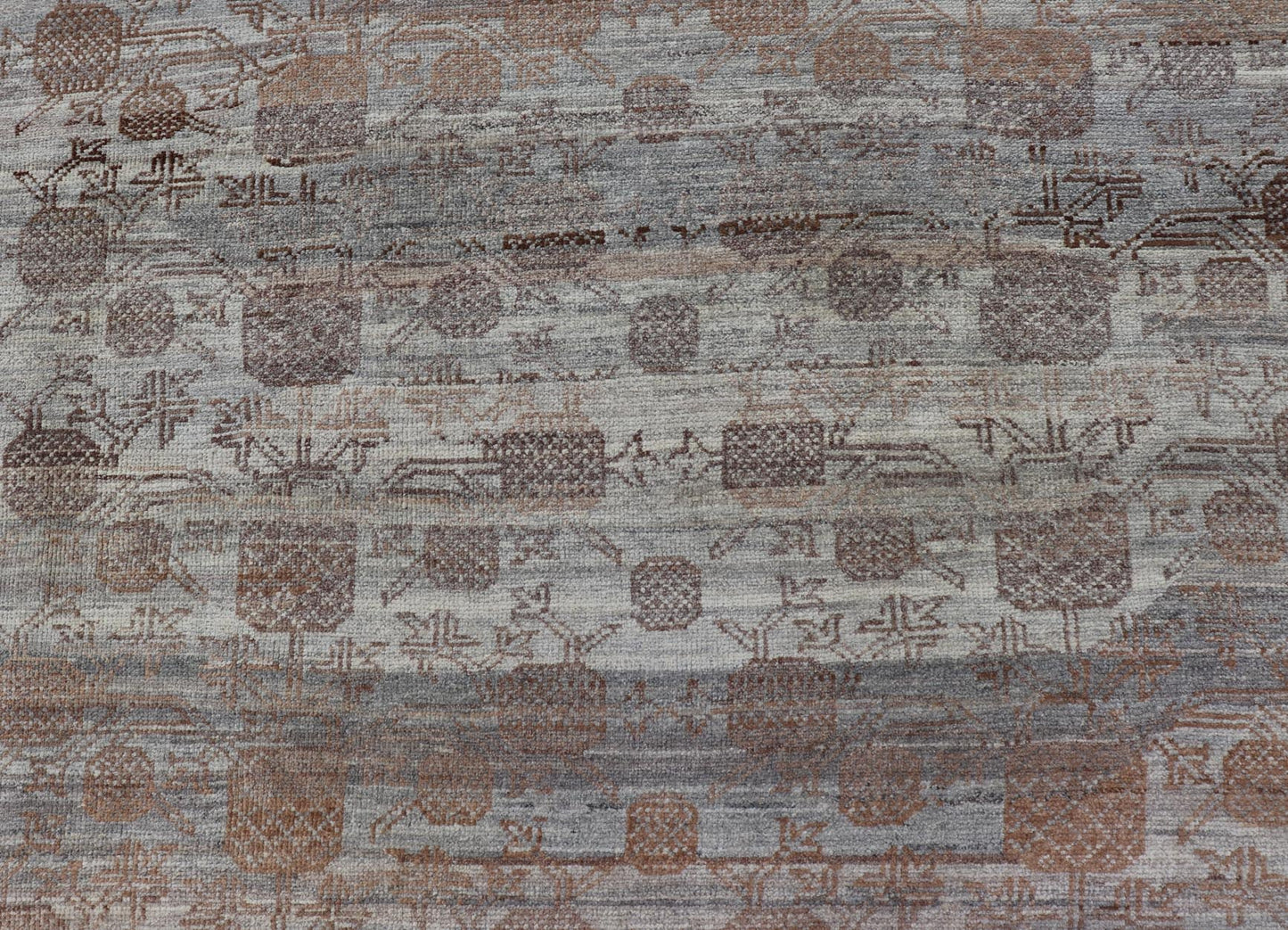 Modern Hand - Knotted Khotan Rug with Sub - Geometric Pomegranate Design This modern casual tribal rug has been hand - knotted. The rug features a modern sub - geometric pomegranate design and is enclosed within a complementary, multi - tiered border, re... - Keivan Woven ArtsAFG - 39680 - 19826Rug