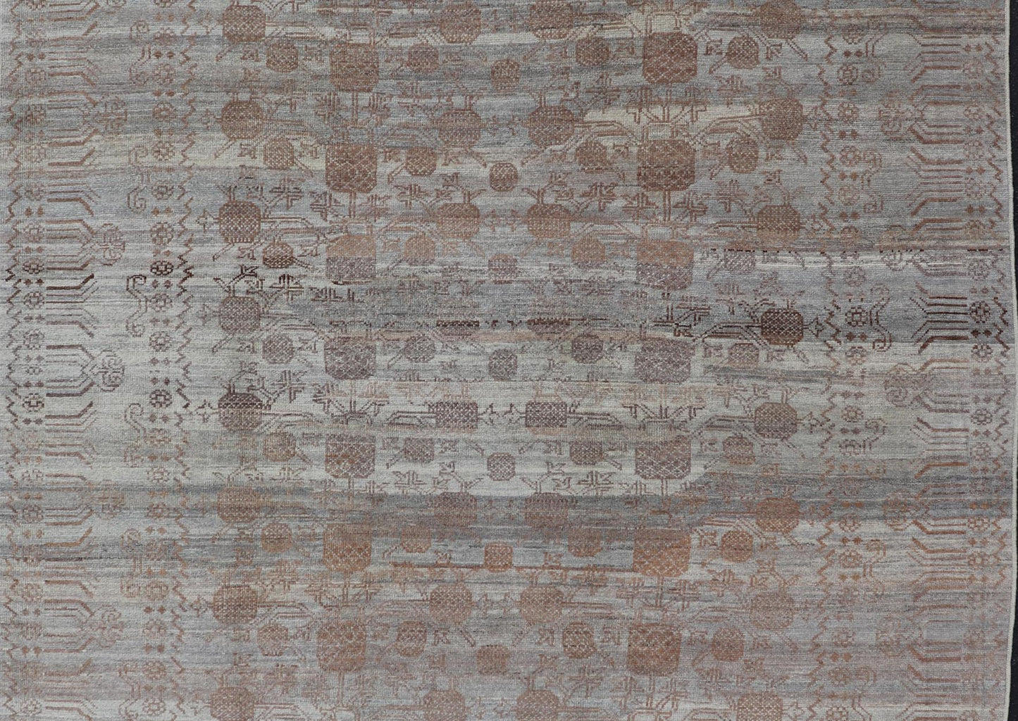 Modern Hand - Knotted Khotan Rug with Sub - Geometric Pomegranate Design This modern casual tribal rug has been hand - knotted. The rug features a modern sub - geometric pomegranate design and is enclosed within a complementary, multi - tiered border, re... - Keivan Woven ArtsAFG - 39680 - 19826Rug