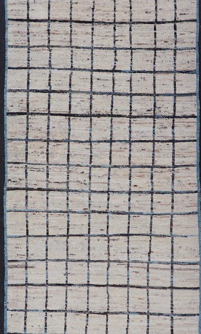Modern Afghan Hand - Knotted Runner in Wool with All - Over Sub - Geometric Design This modern casual tribal rug has been hand - knotted. The rug features a modern geometric box design, rendered in blue and earthy tones; making this rug a superb fit fo... - Keivan Woven ArtsAFG - 39806 - 17316Rug