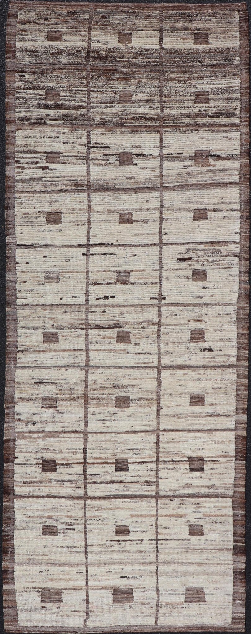Modern Hand - Knotted Runner in Wool with Box Design in Brown and Neutral Tones This modern casual tribal rug has been hand - knotted in wool. The rug features a modern sub - geometric box design, rendered in brown and neutral tones; making this rug ... - Keivan Woven ArtsAFG - 39892 - 19580