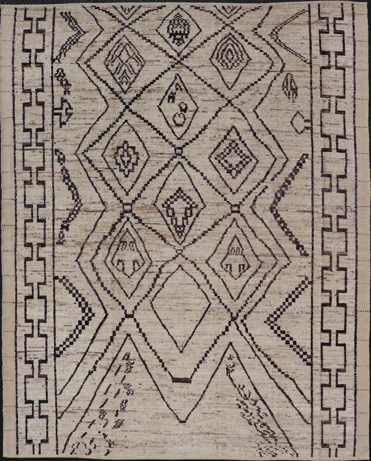 The design of the rug includes a series of interconnected diamond shapes, each containing different motifs such as crosses, zigzags, and other stylized symbols. The central theme is a grid of diamond patterns that vary slightly in size and detail, crea... - Keivan Woven ArtsAFG - 39925 - 19598Rug