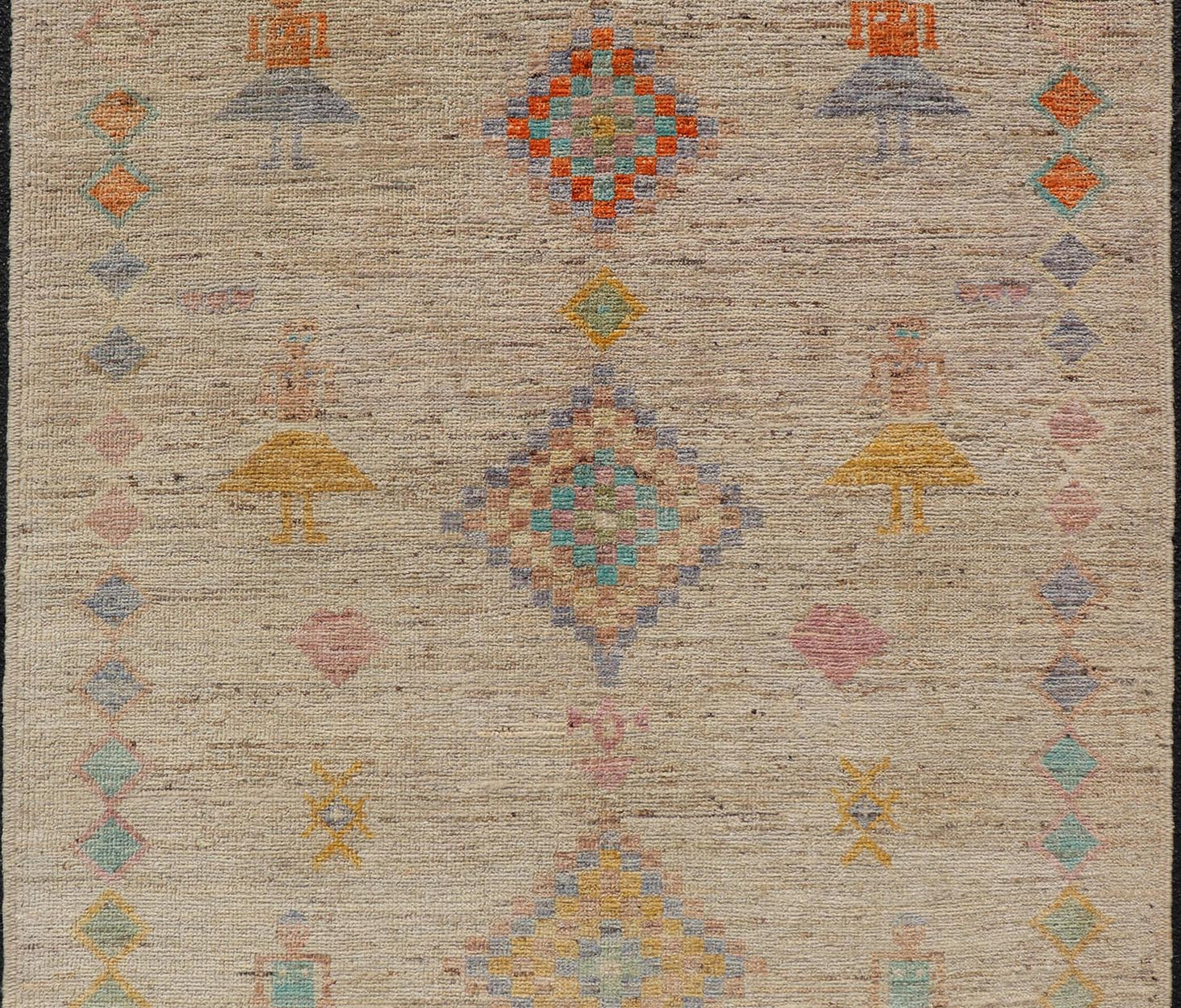 Modern Casual Woolen Tribal Hand - Knotted Rug with Sub - Geometric Design This modern casual tribal rug has been finely hand - knotted using superior wool. The rug features a modern sub - geometric design, replete with various motifs in multicolor, m... - Keivan Woven ArtsAFG - 39998 - 19406Rug